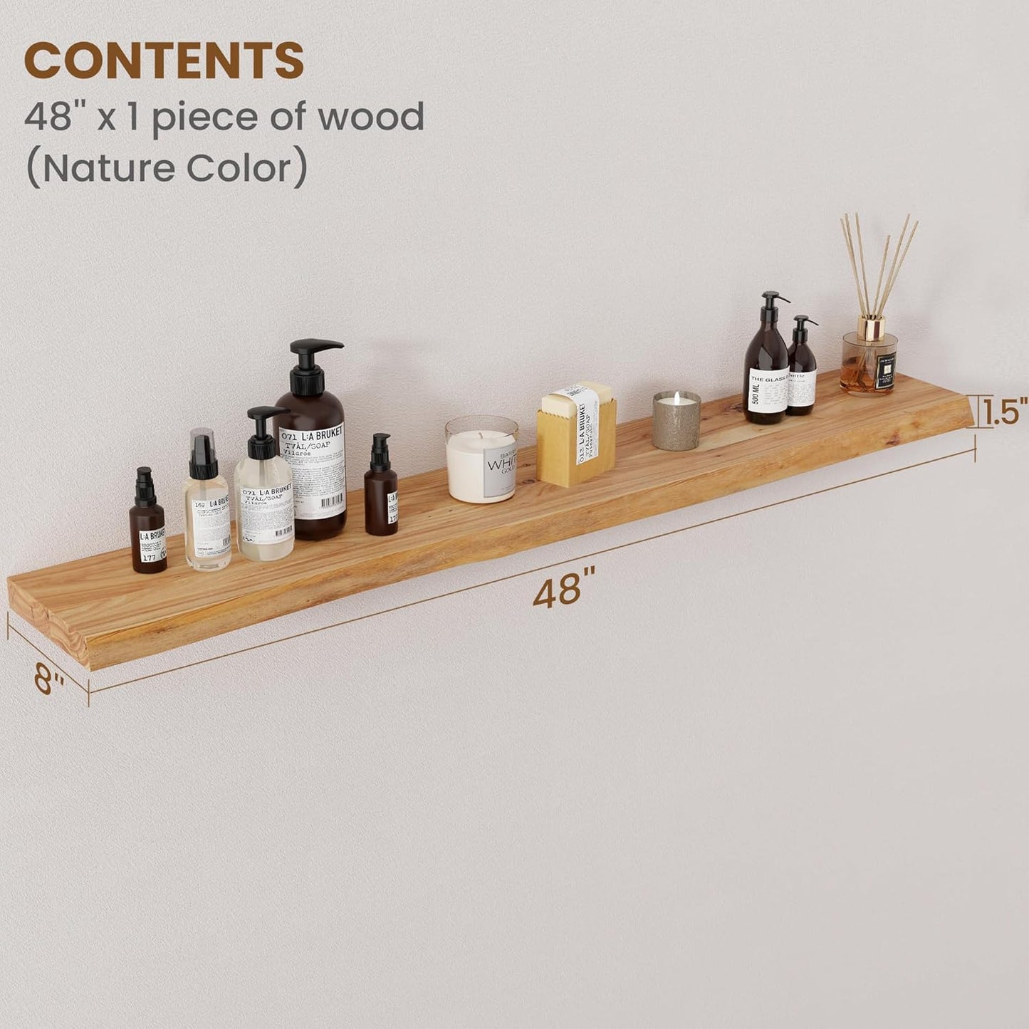 ShelfLoft 8"D x 1.5"H 60lbs Natural Solid Elm Wood Floating Shelves