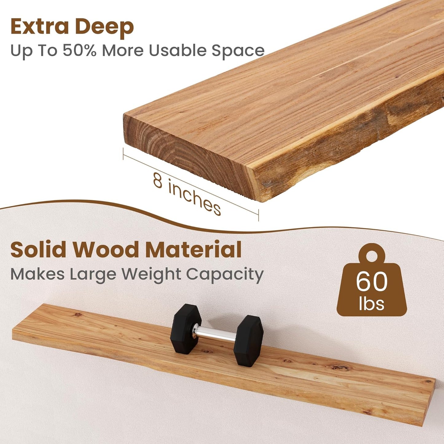 ShelfLoft 48" Wide x 8" Deep 60lbs Solid Elm Wood Floating Shelves,1 Pack