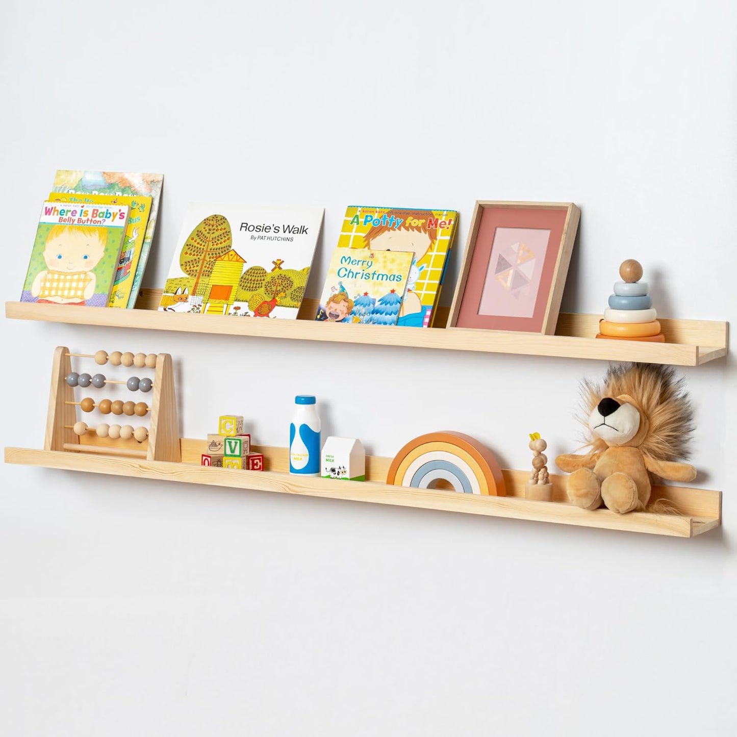ShelfLoft 5.5"D x 2"H Oak Pine Wood Picture Ledge Shelf Nursery Bookshelf for Kids' Room, 2 Pack