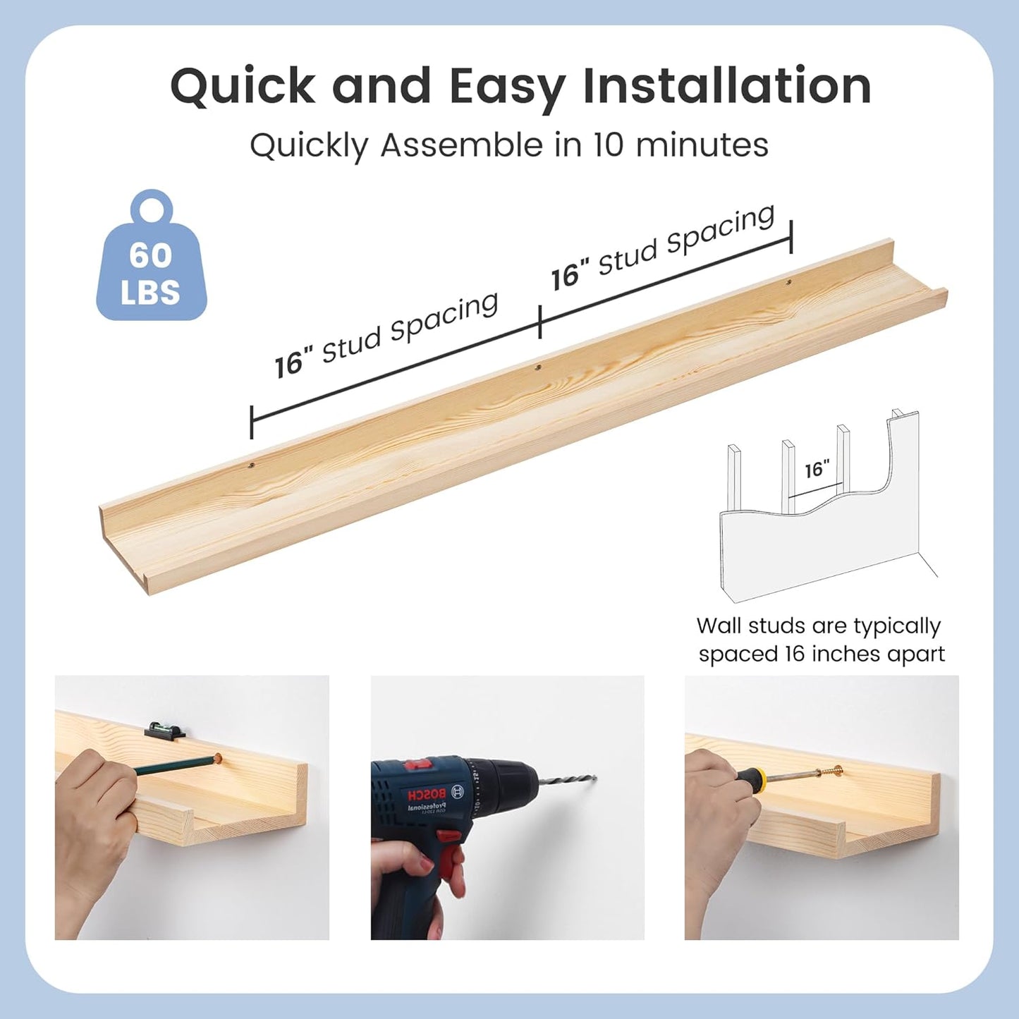 ShelfLoft 5.5"D x 2"H Oak Pine Wood Picture Ledge Shelf Nursery Bookshelf for Kids' Room, 2 Pack