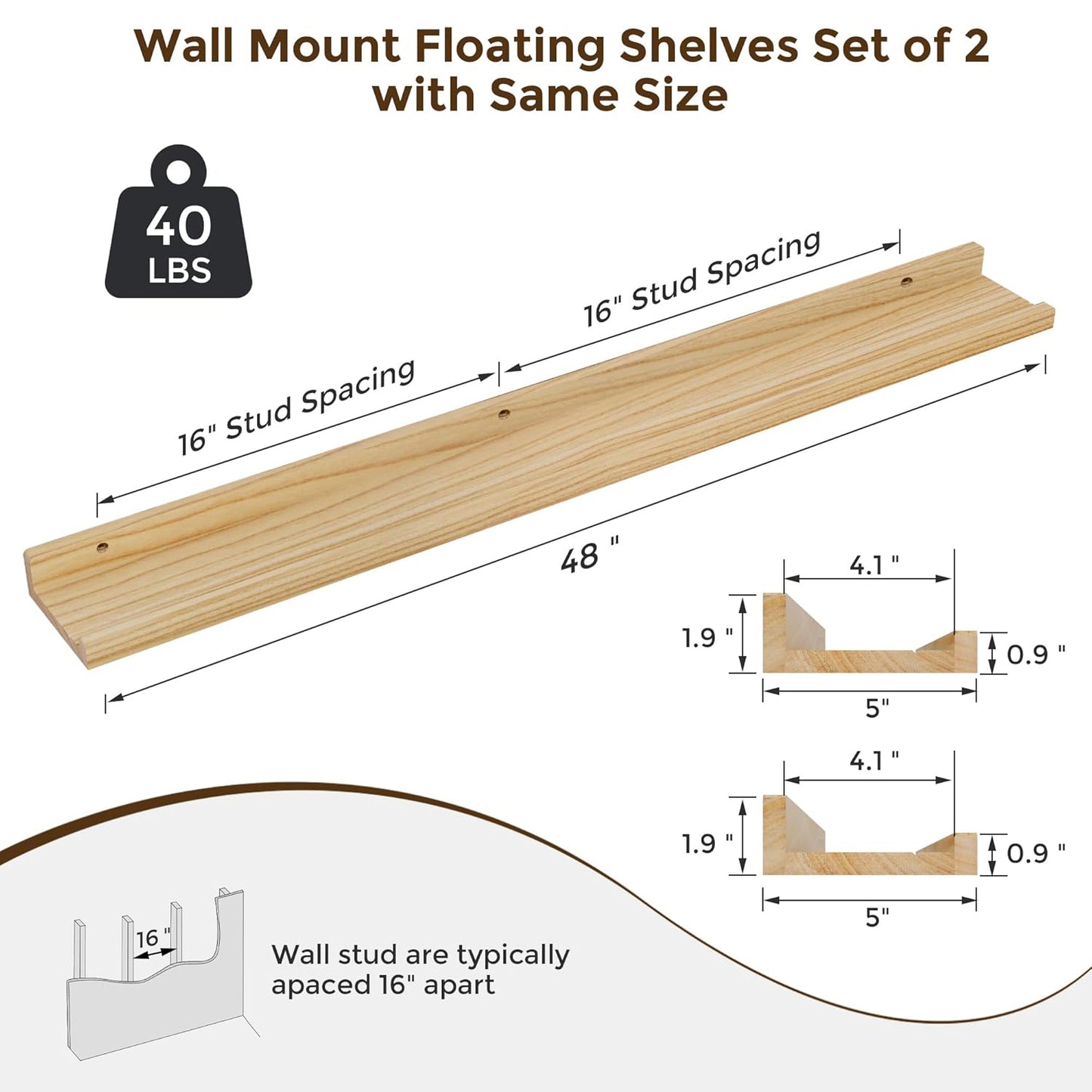 ShelfLoft 48" Wide x 5" Deep 40lbs Picture Ledge Shelf Wood Floating Shelves,2 Pack