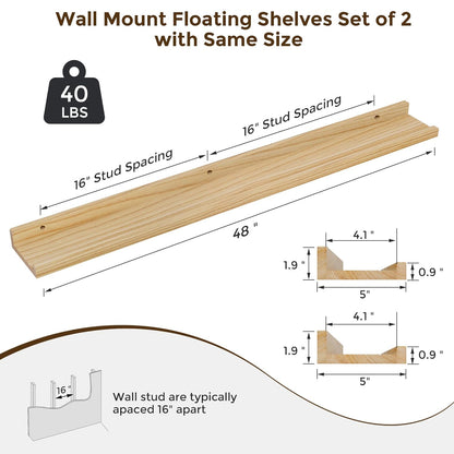 ShelfLoft 48" Wide x 5" Deep 40lbs Picture Ledge Shelf Wood Floating Shelves,2 Pack