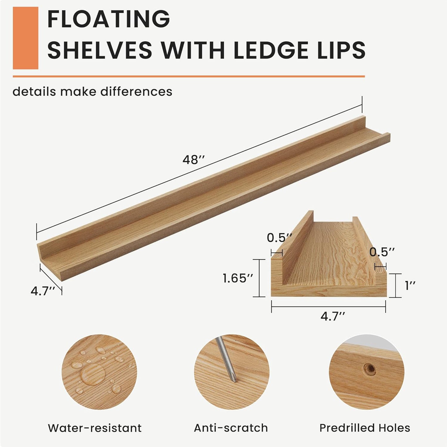 ShelfLoft 4.7"D x 1.65"H Natural Solid Ash Wood Picture Ledge Floating Shelves, Set of 2