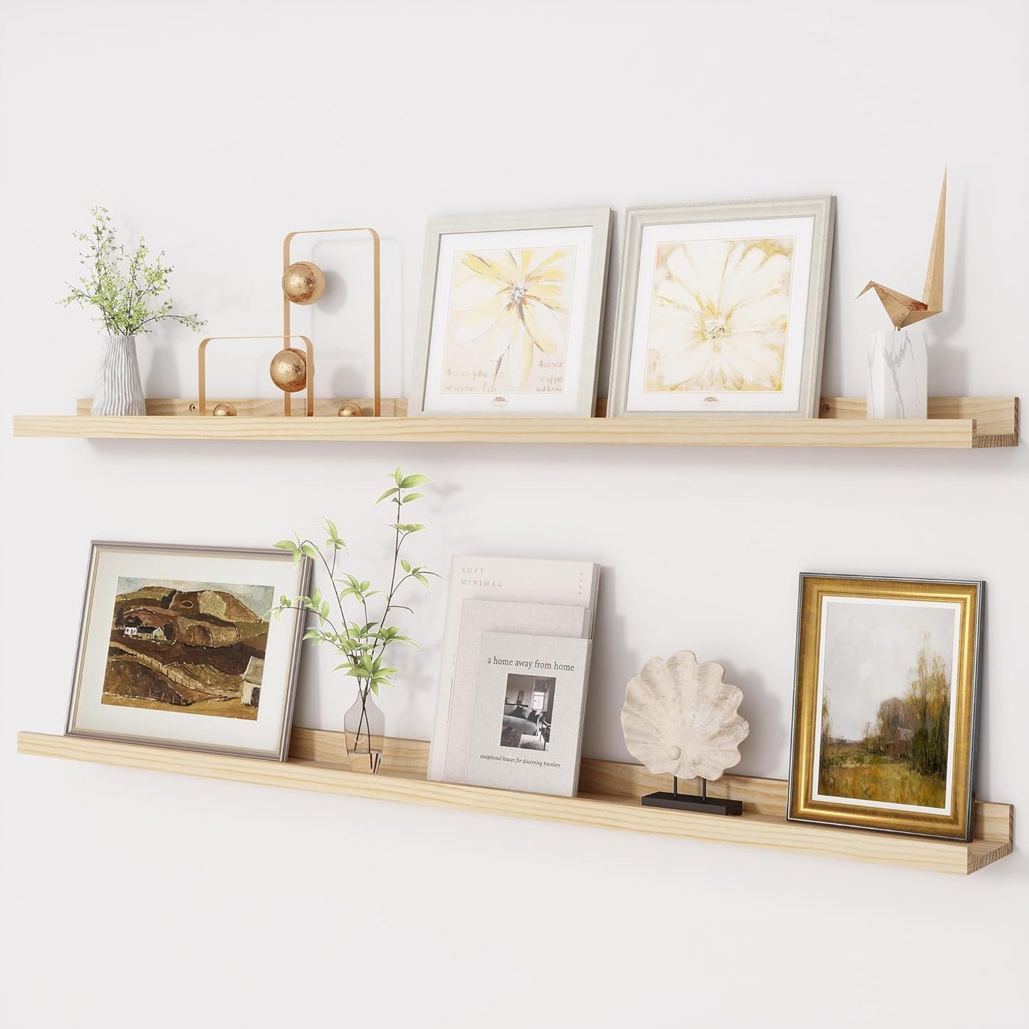 ShelfLoft 5.1 Inch Deep Picture Ledge Shelf Pine Wood Floating Shelves,Set of 2