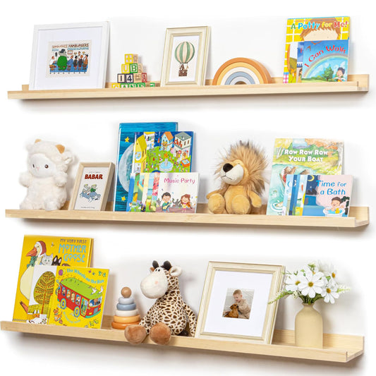 ShelfLoft 48"W x 5.5"D Natural Pine Wood Picture Ledge Shelf Nursery Bookshelf for Kids' Room, 3 Pack