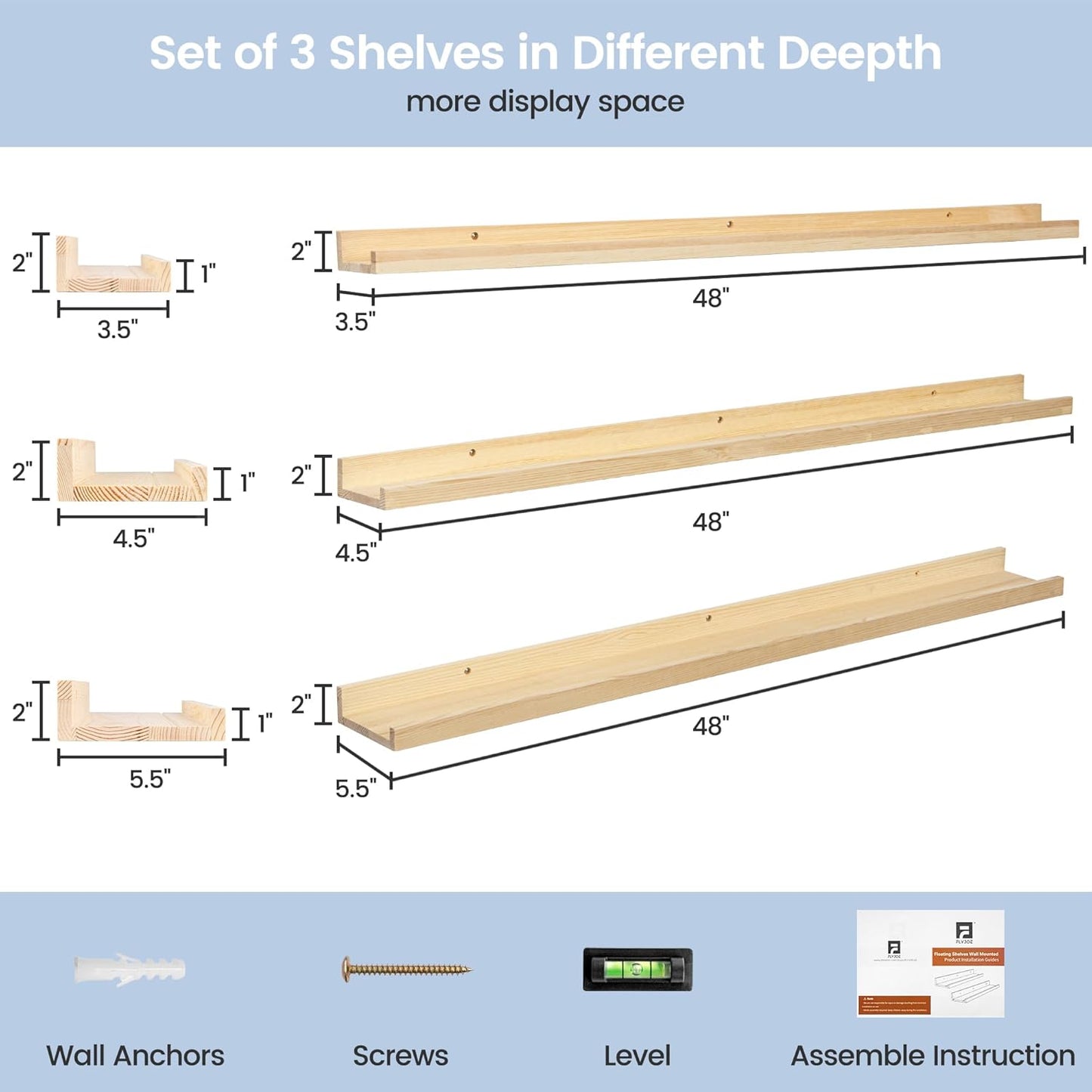 ShelfLoft 48"W x 5.5"D Natural Pine Wood Picture Ledge Shelf Nursery Bookshelf for Kids' Room, 3 Pack