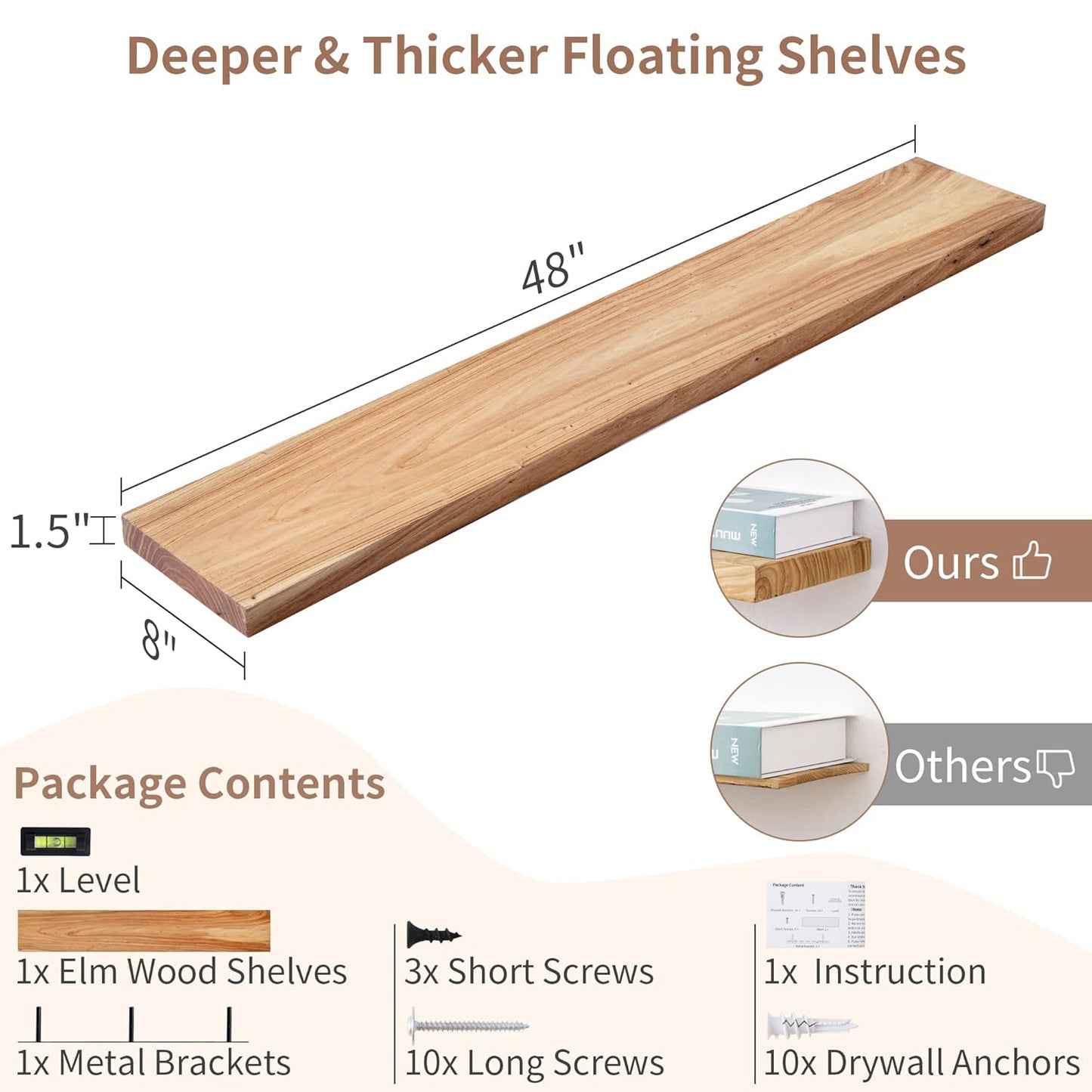 ShelfLoft 48"W x 8"D Rustic Solid Elm Wood Wall Shelves for Storage, Natural-1 Pack