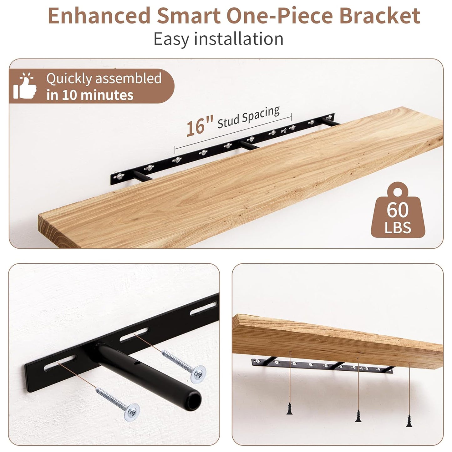 ShelfLoft 48"W x 8"D Rustic Solid Elm Wood Wall Shelves for Storage, Natural-1 Pack