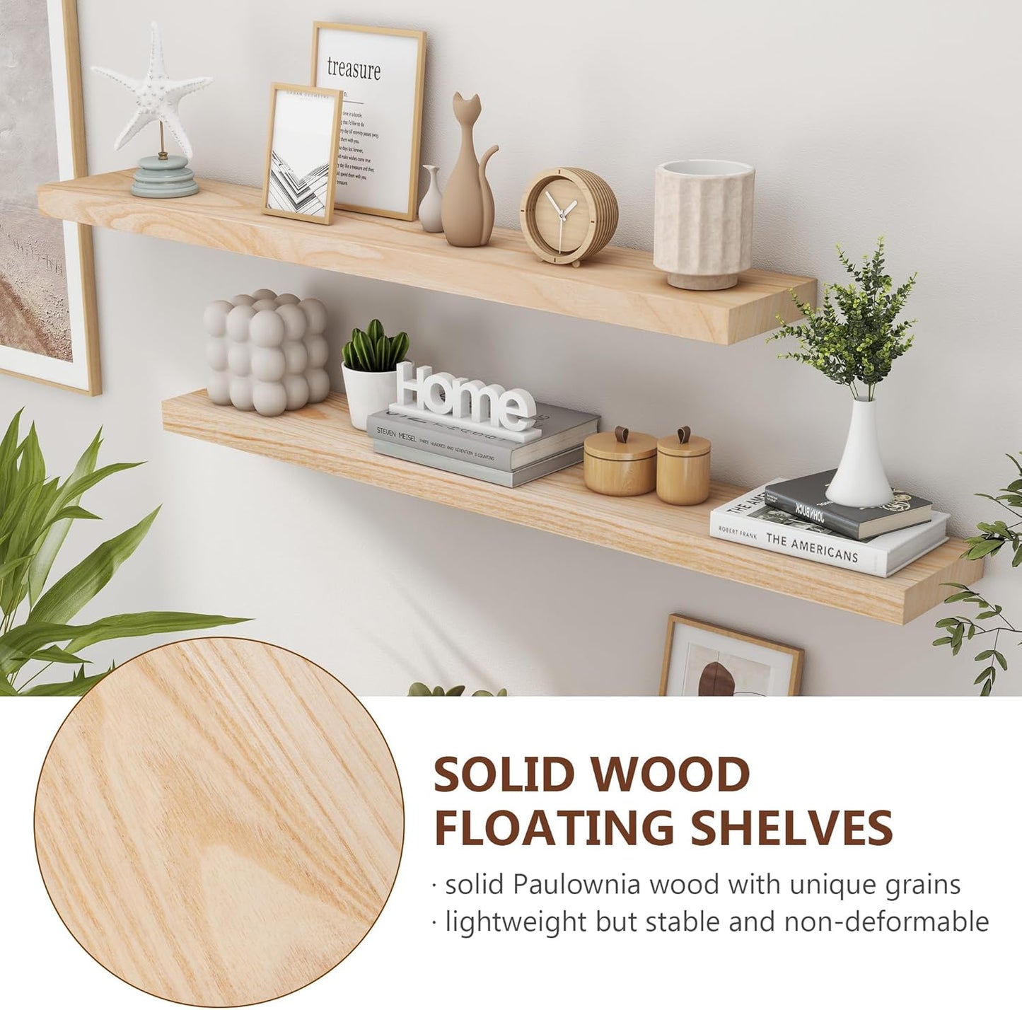 ShelfLoft 48"W x 6.7"D Paulownia Wood Wall Display Decor Floating Shelves,Natural-2 Pack