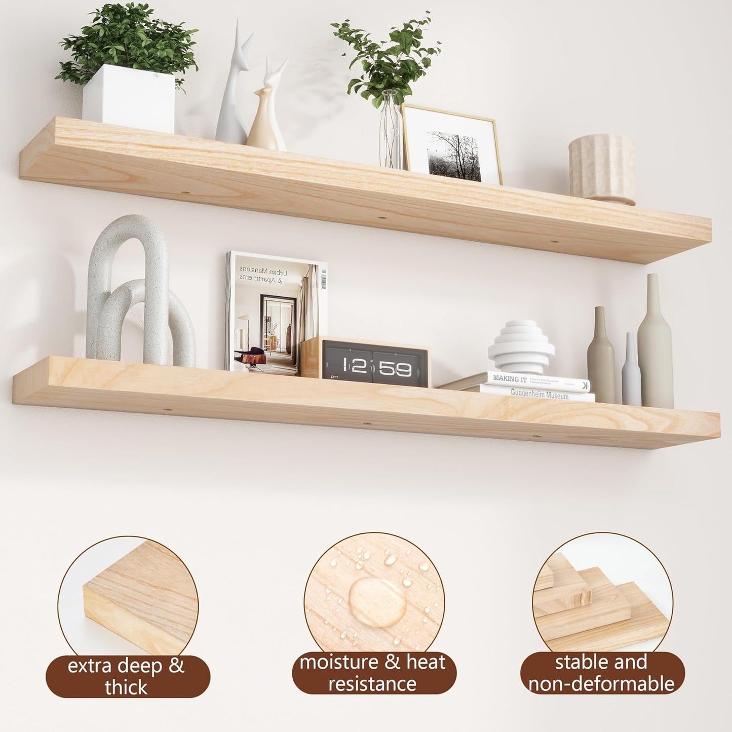 ShelfLoft 48" Wide x 6.7" Deep Paulownia Wood Wall Display Decor Floating Shelves,2 Pack