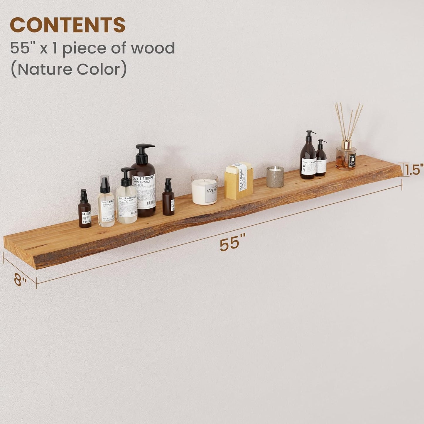 ShelfLoft 8"D x 1.5"H 60lbs Natural Solid Elm Wood Floating Shelves