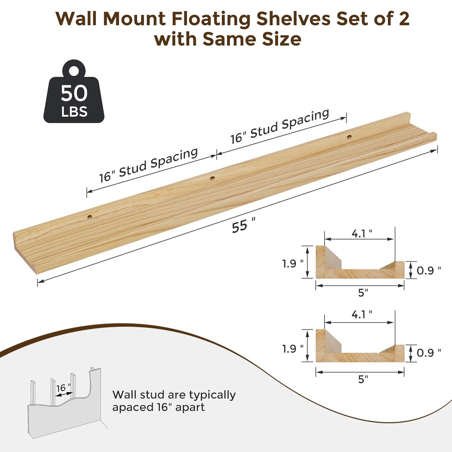 ShelfLoft 55" Wide x 5" Deep 50lbs Picture Ledge Shelf Wood Floating Shelves,2 Pack