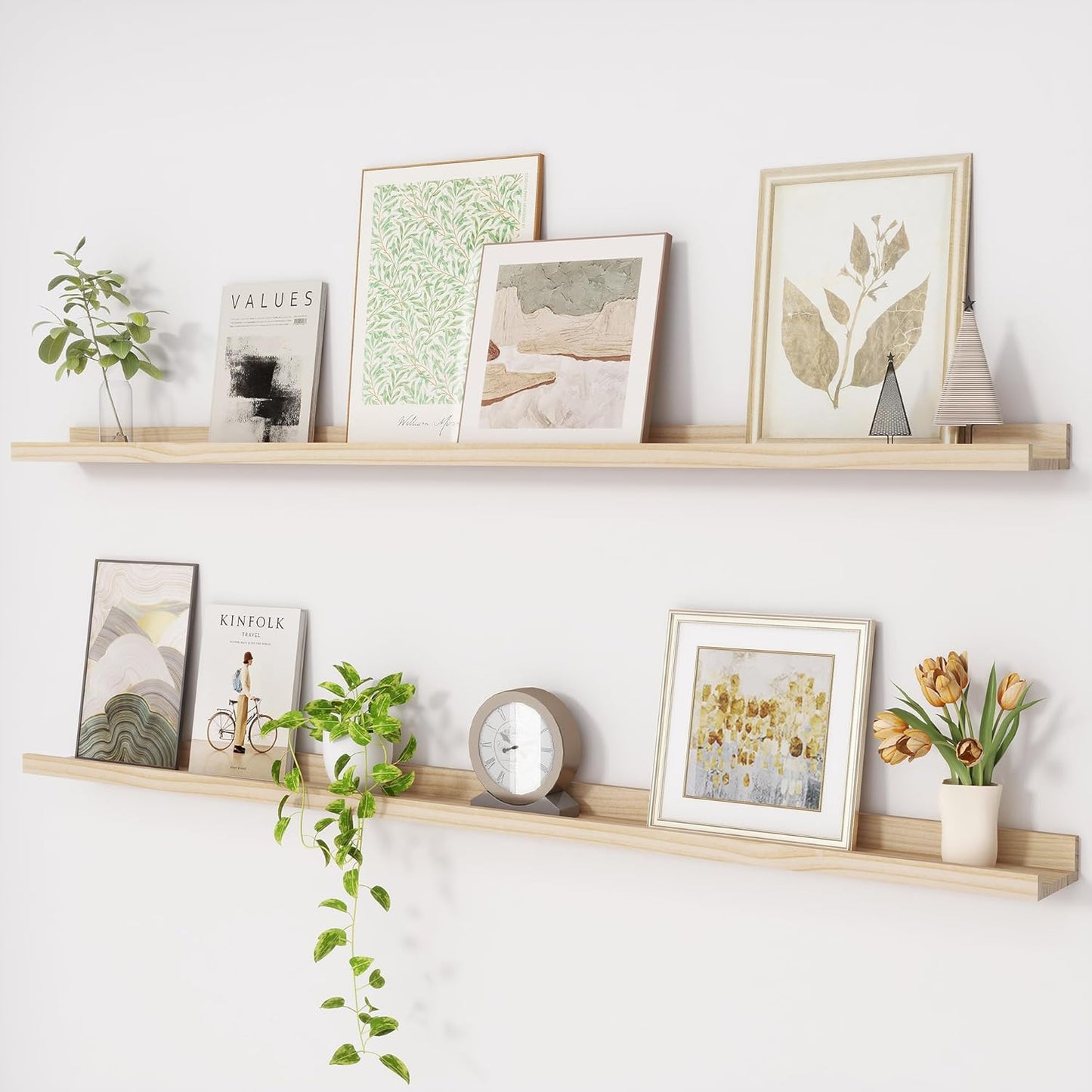 ShelfLoft 5.1 Inch Deep Picture Ledge Shelf Pine Wood Floating Shelves,Set of 2