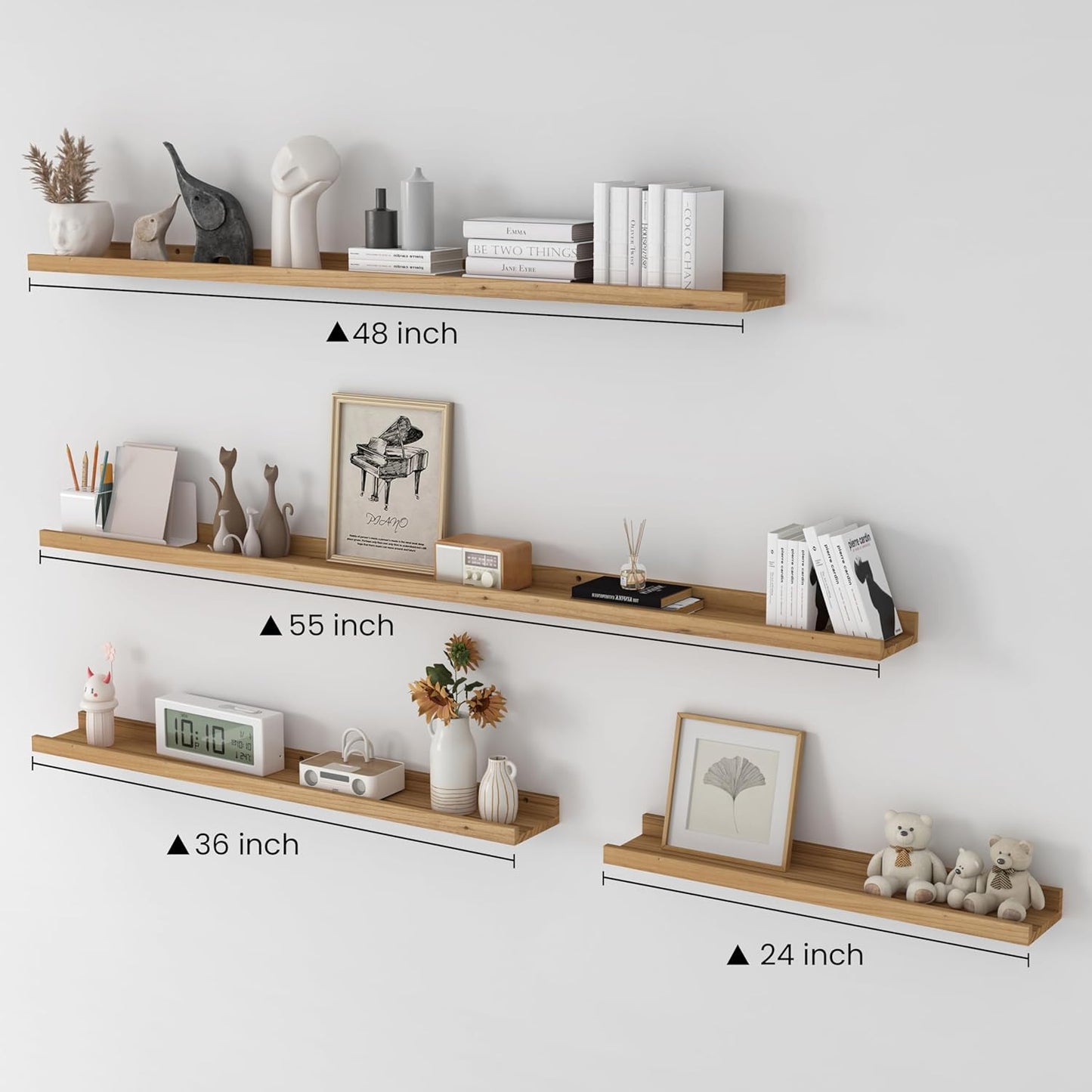 ShelfLoft 56" Wide x 4.7" Deep Picture Ledge Shelf Elm Wood Floating Shelves for Wall, Set of 2