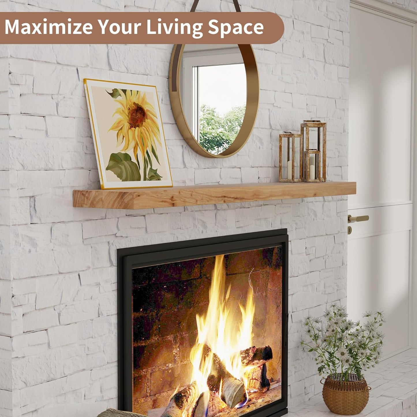 ShelfLoft 55" Wide x 8" Deep Rustic Solid Elm Wood Wall Shelves for Storage, 1 Pack