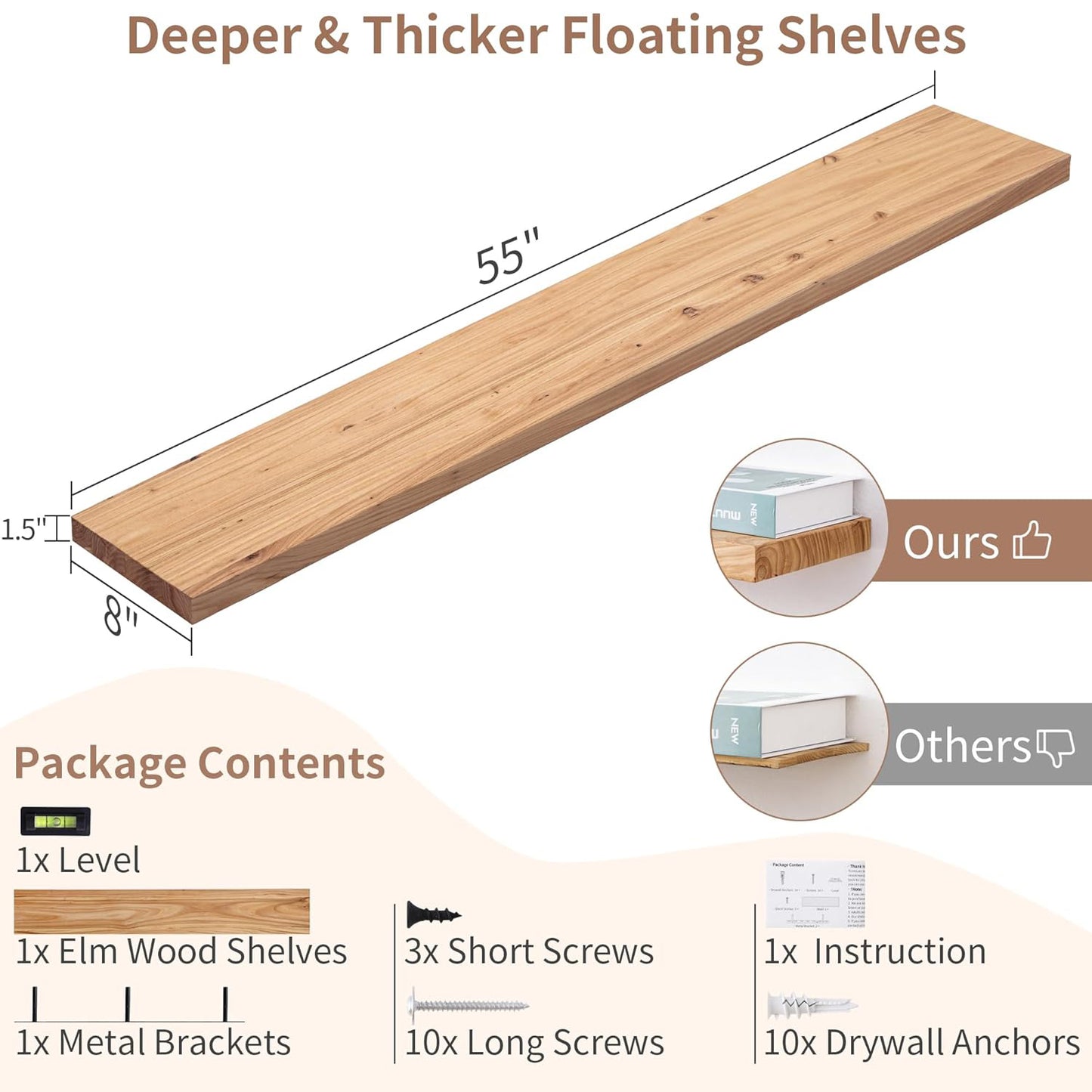 ShelfLoft 55" Wide x 8" Deep Rustic Solid Elm Wood Wall Shelves for Storage, 1 Pack