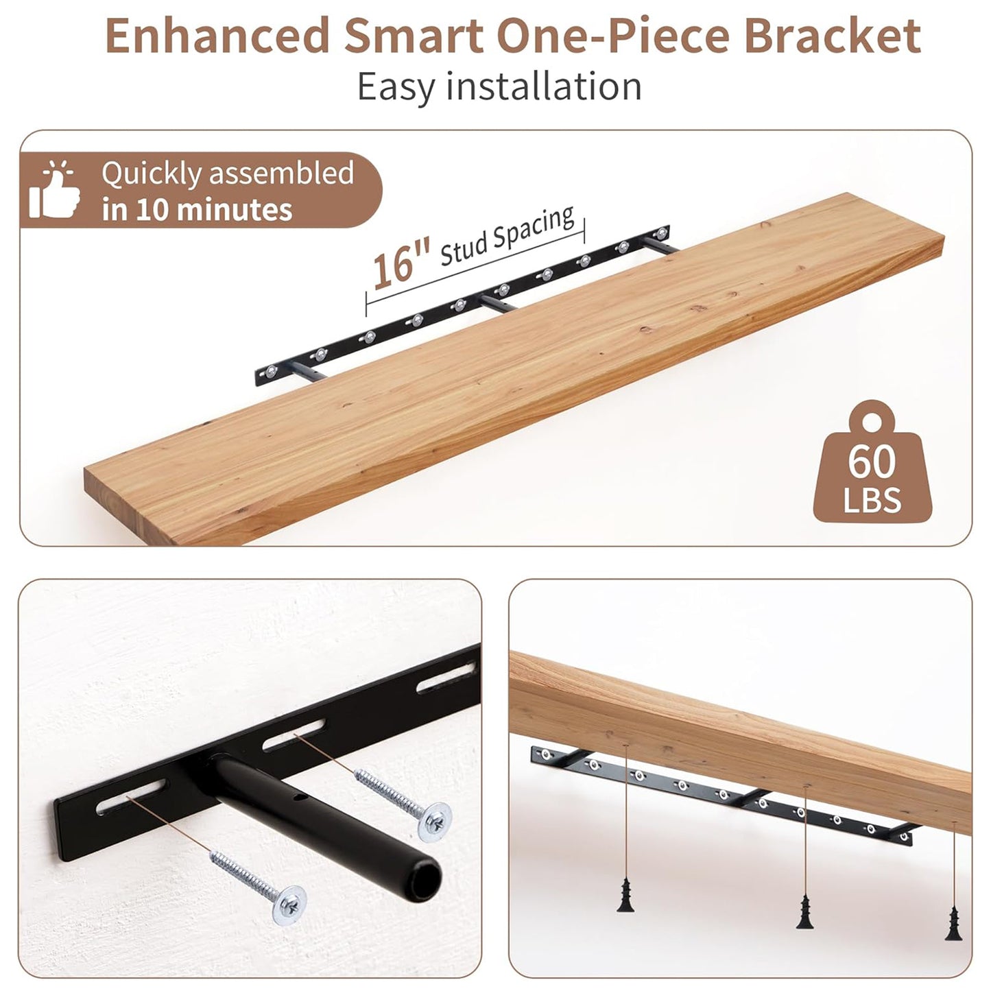 ShelfLoft 55"W x 8"D Rustic Solid Elm Wood Wall Shelves for Storage, Natural-1 Pack