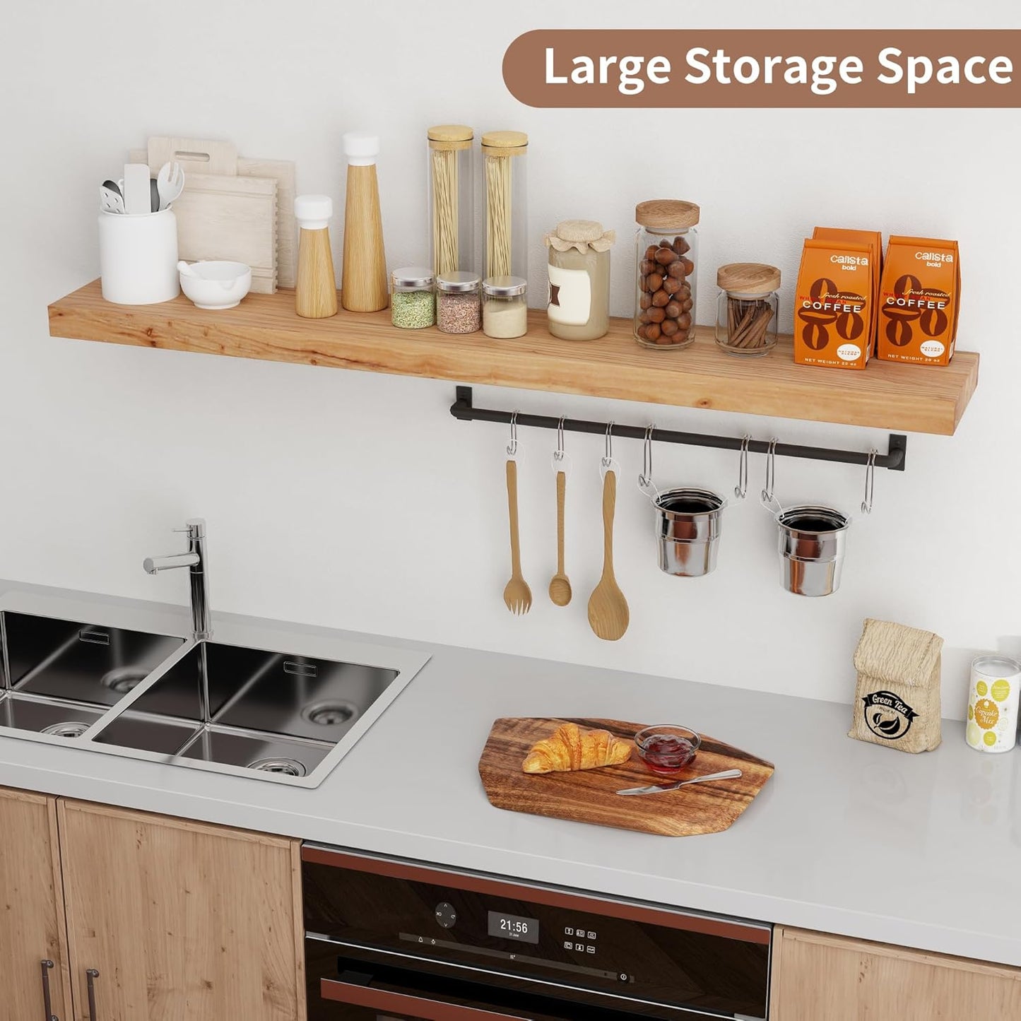 ShelfLoft 55" Wide x 8" Deep Rustic Solid Elm Wood Wall Shelves for Storage, 1 Pack