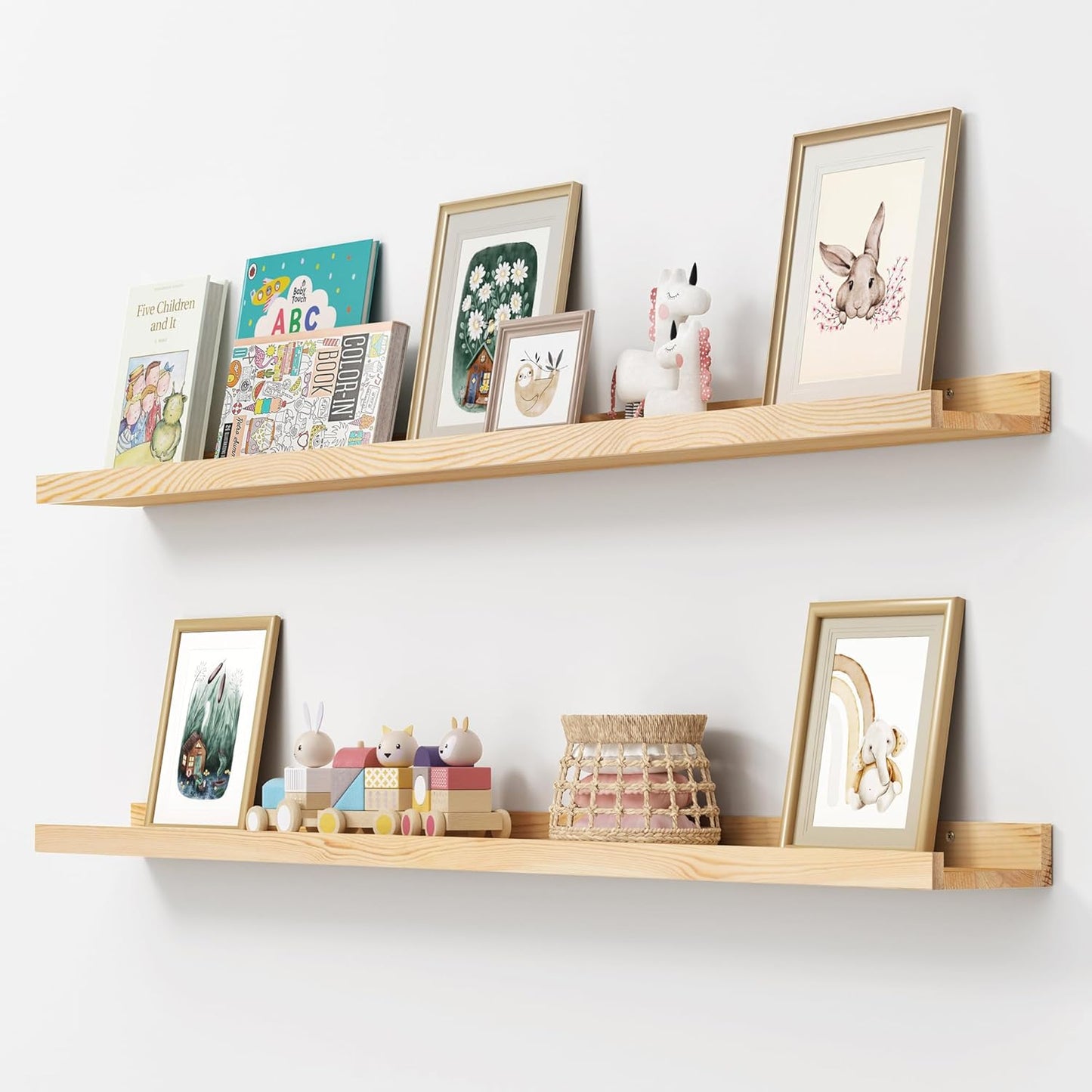 ShelfLoft 5.5"D x 2"H Oak Pine Wood Picture Ledge Shelf Nursery Bookshelf for Kids' Room, 2 Pack