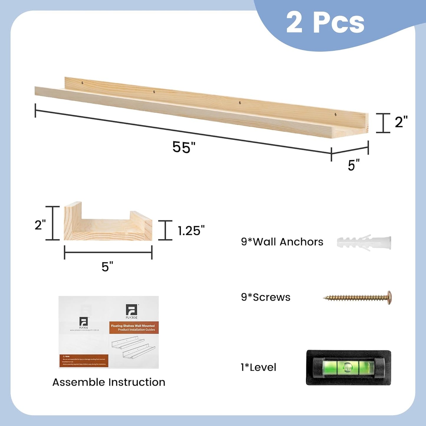 ShelfLoft 56" Wide x 5" Deep Pine Wood Picture Ledge Shelf Wall Shelves with Lip, 2 Pack