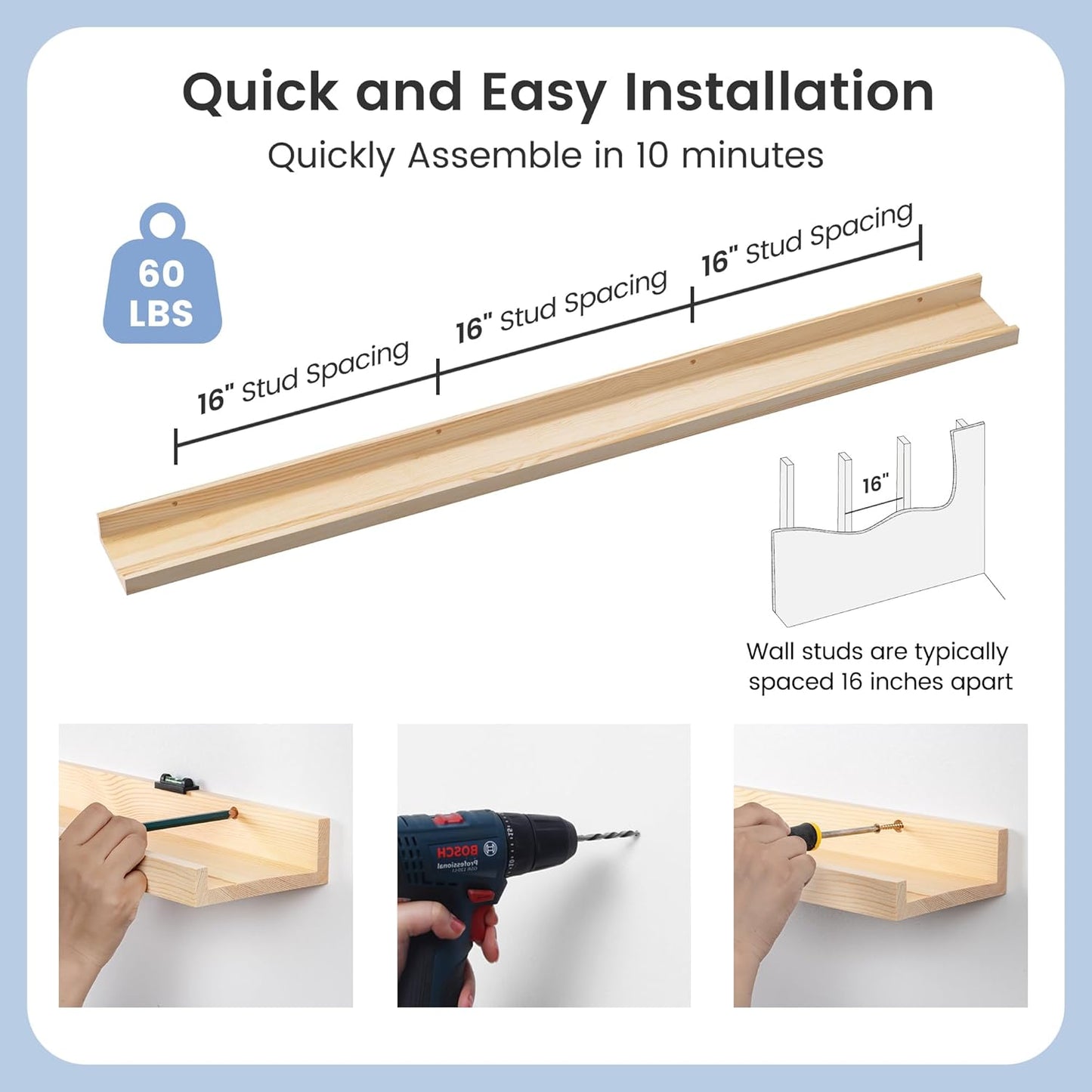ShelfLoft 5.5"D x 2"H Oak Pine Wood Picture Ledge Shelf Nursery Bookshelf for Kids' Room, 2 Pack