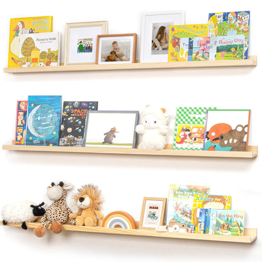 ShelfLoft 56"W x 5.5"D Natural Pine Wood Picture Ledge Shelf Nursery Bookshelf for Kids' Room, 3 Pack