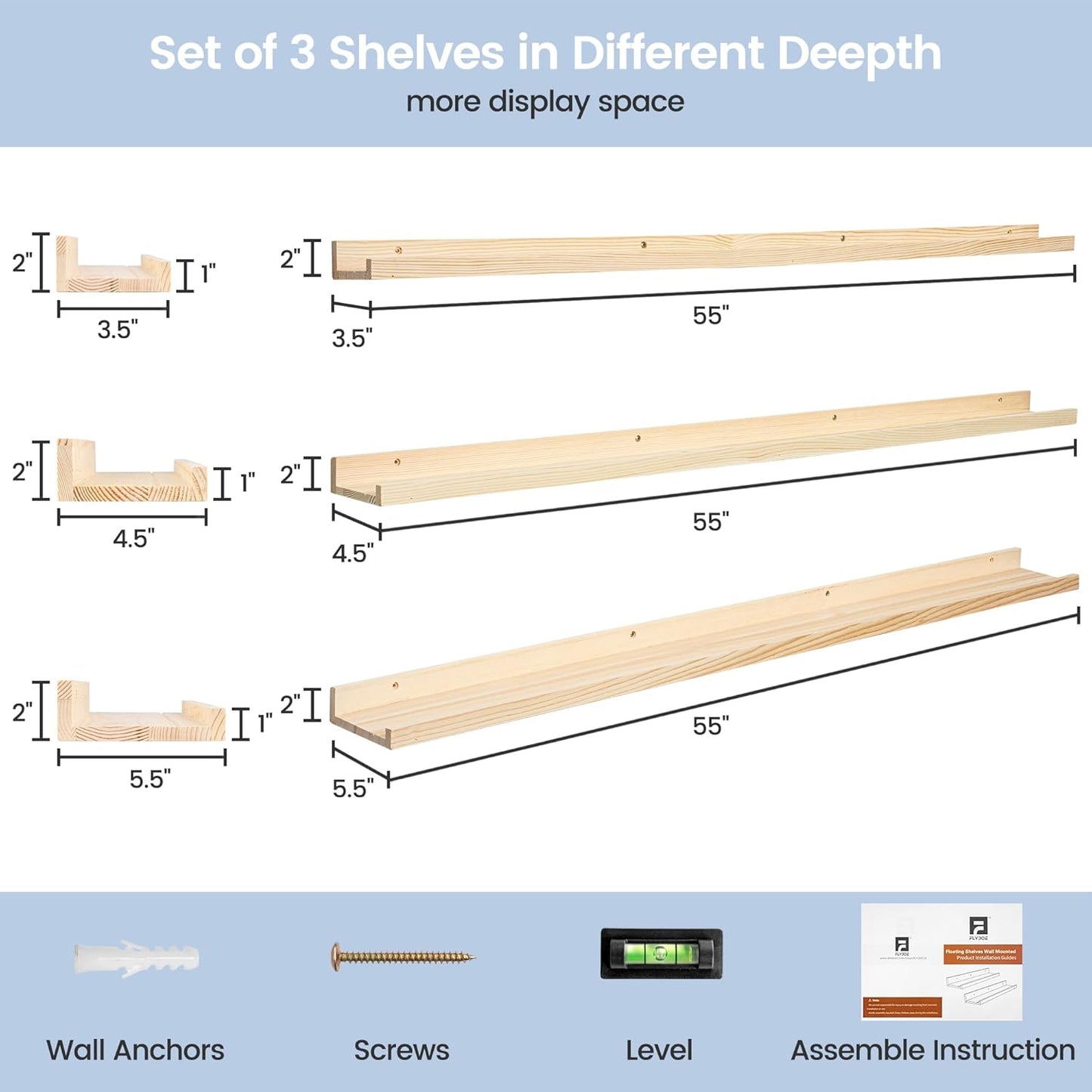 ShelfLoft 56" Wide x 5.5" Deep Pine Wood Picture Ledge Shelf Wall Shelves with Lip, 3 Pack