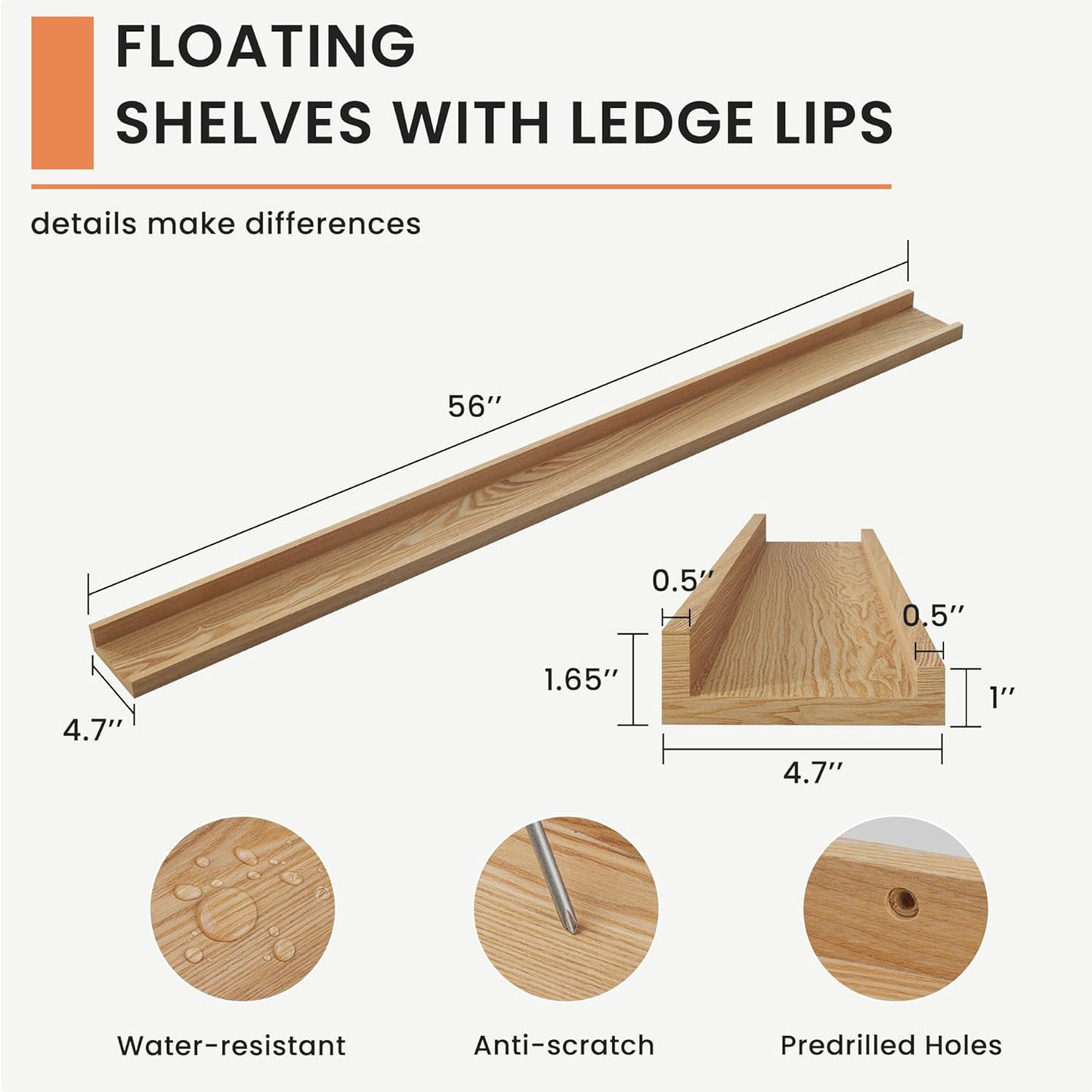 ShelfLoft 4.7"D x 1.65"H Natural Solid Ash Wood Picture Ledge Floating Shelves, Set of 2