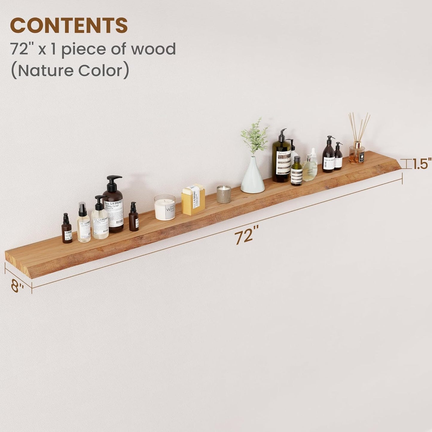 ShelfLoft 8"D x 1.5"H 60lbs Natural Solid Elm Wood Floating Shelves