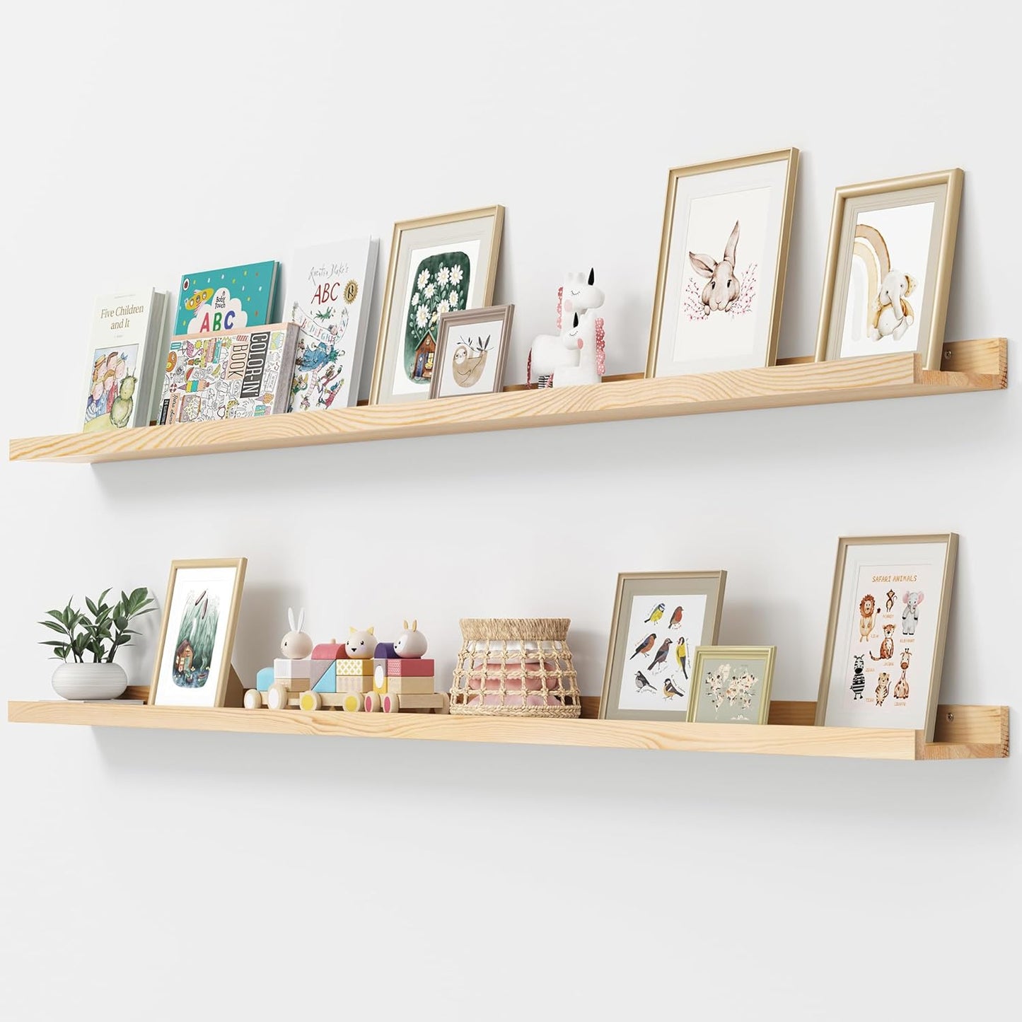 ShelfLoft 5.5"D x 2"H Oak Pine Wood Picture Ledge Shelf Nursery Bookshelf for Kids' Room, 2 Pack