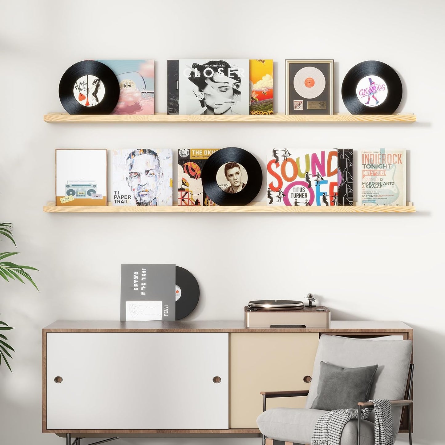 ShelfLoft 72"W x 5"D Natural Pine Wood Picture Ledge Shelf Nursery Bookshelf for Kids' Room, 2 Pack