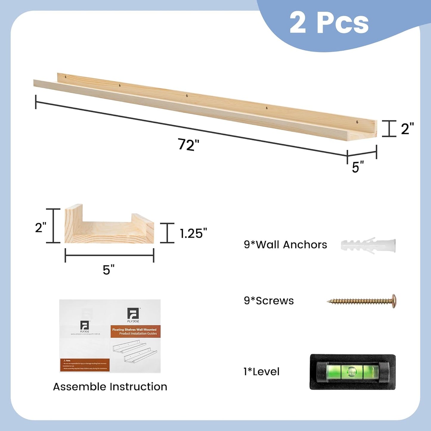 ShelfLoft 72" Wide x 5" Deep Pine Wood Picture Ledge Shelf Wall Shelves with Lip, 2 Pack