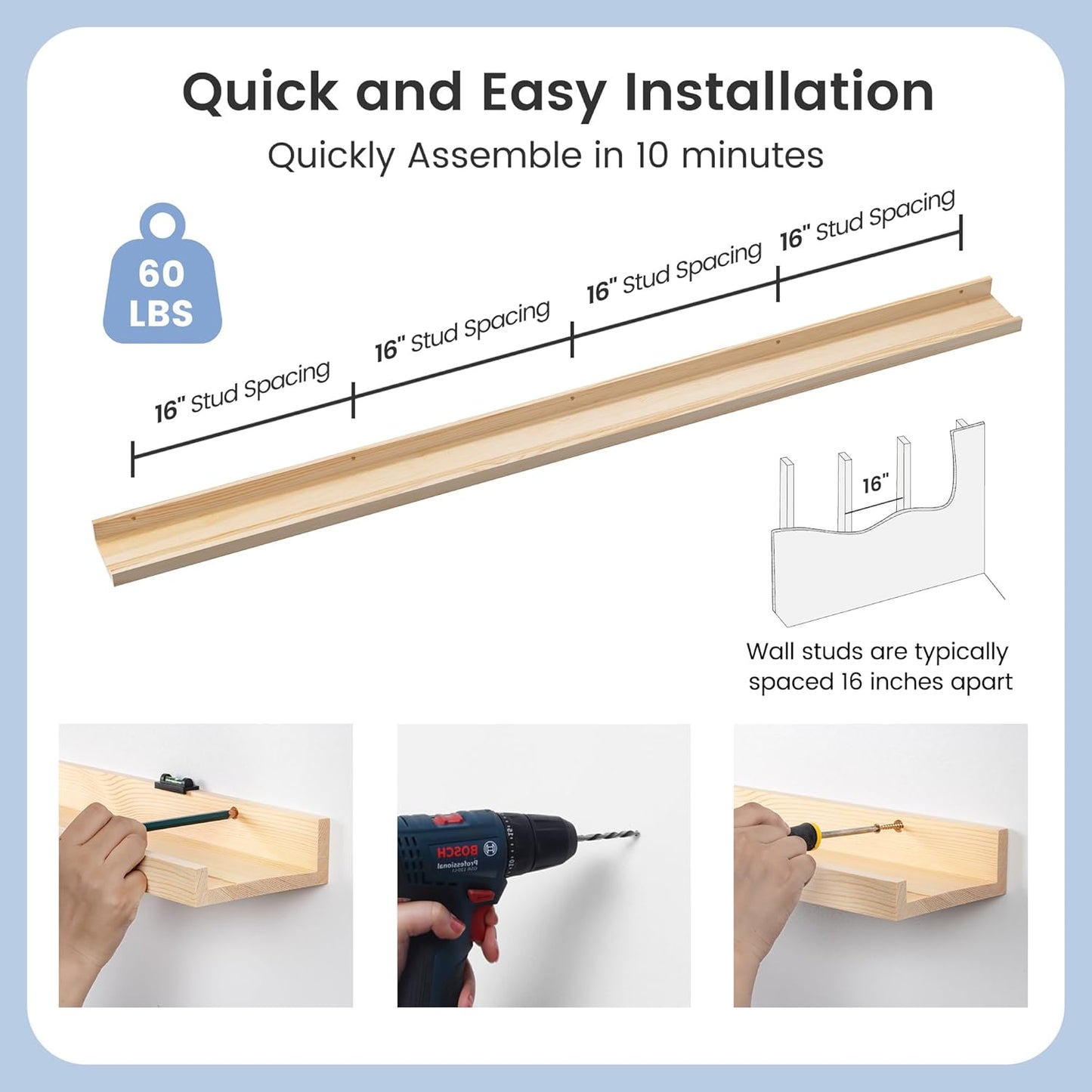 ShelfLoft 72"W x 5"D Natural Pine Wood Picture Ledge Shelf Nursery Bookshelf for Kids' Room, 2 Pack