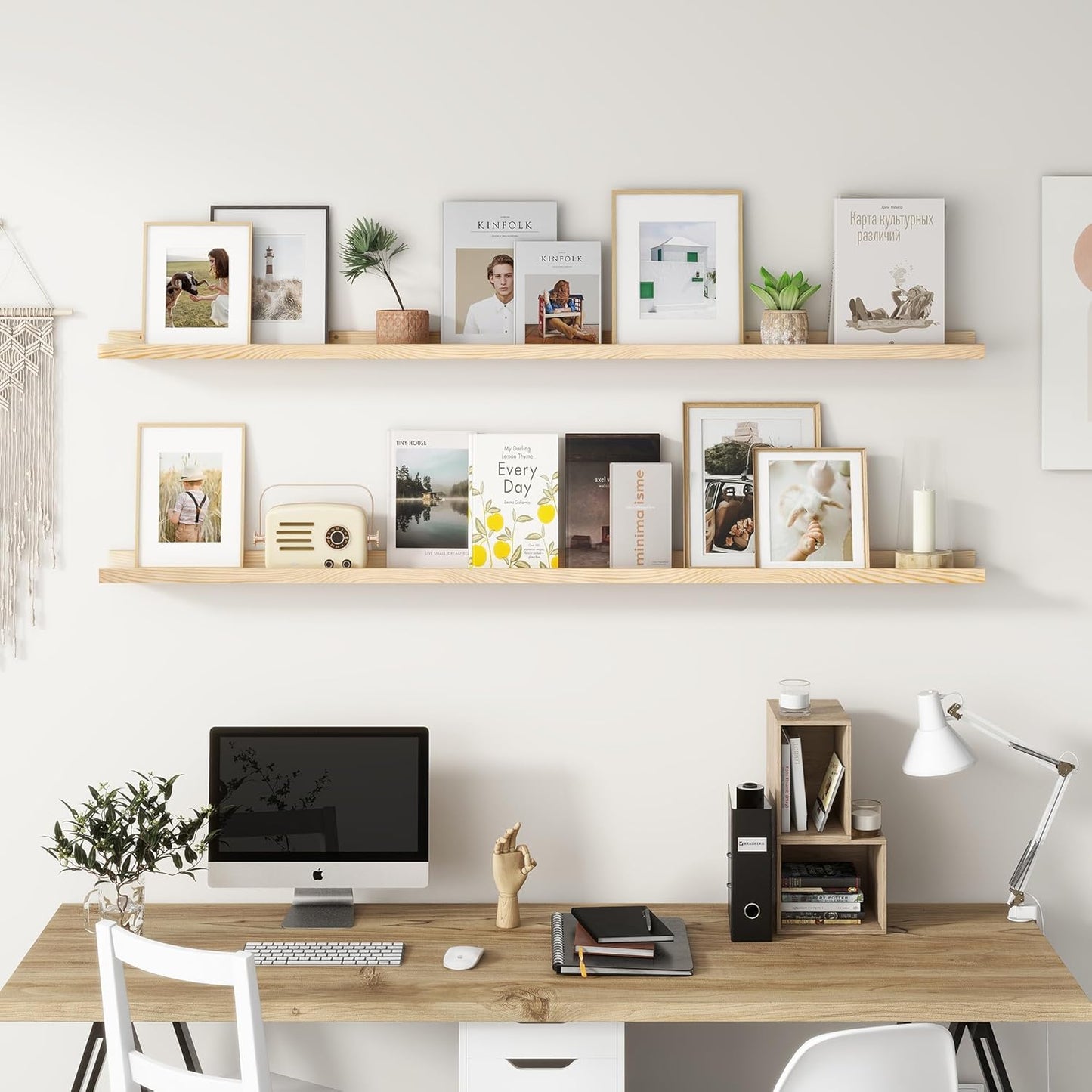 ShelfLoft 72"W x 5"D Natural Pine Wood Picture Ledge Shelf Nursery Bookshelf for Kids' Room, 2 Pack