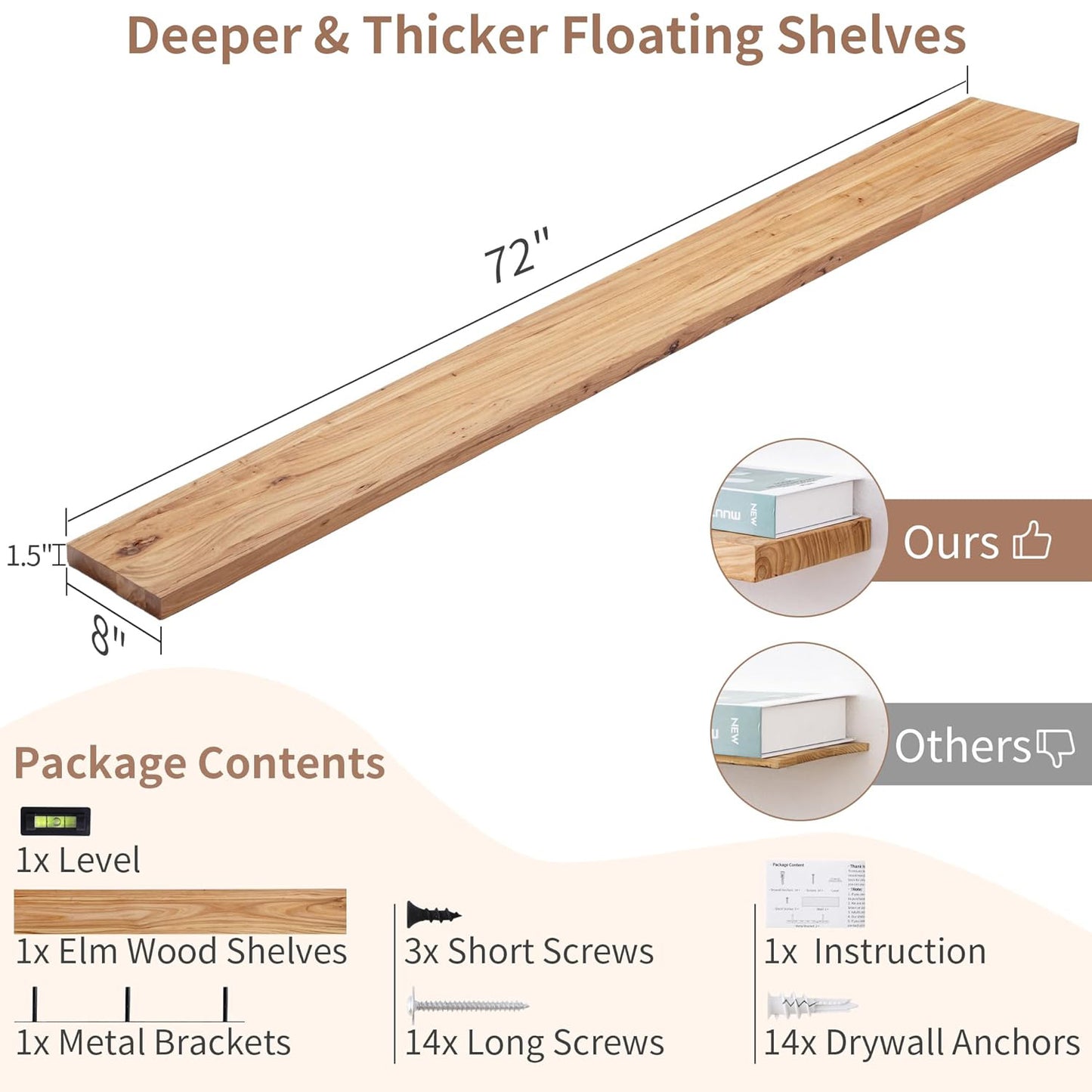 ShelfLoft 8"D x 1.5"H Rustic Natural Solid Elm Wood Wall Shelves for Storage