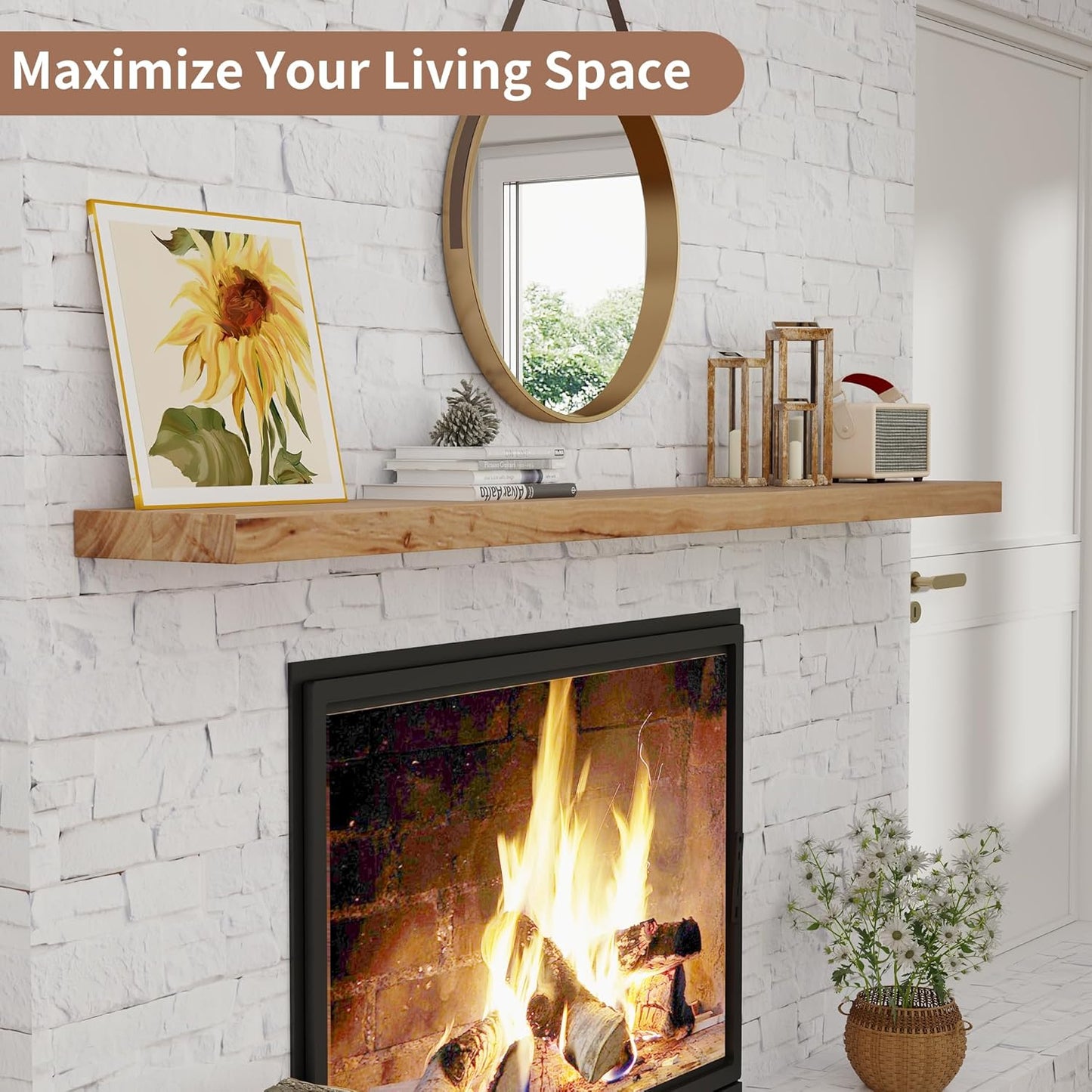 ShelfLoft 8"D x 1.5"H Rustic Natural Solid Elm Wood Wall Shelves for Storage