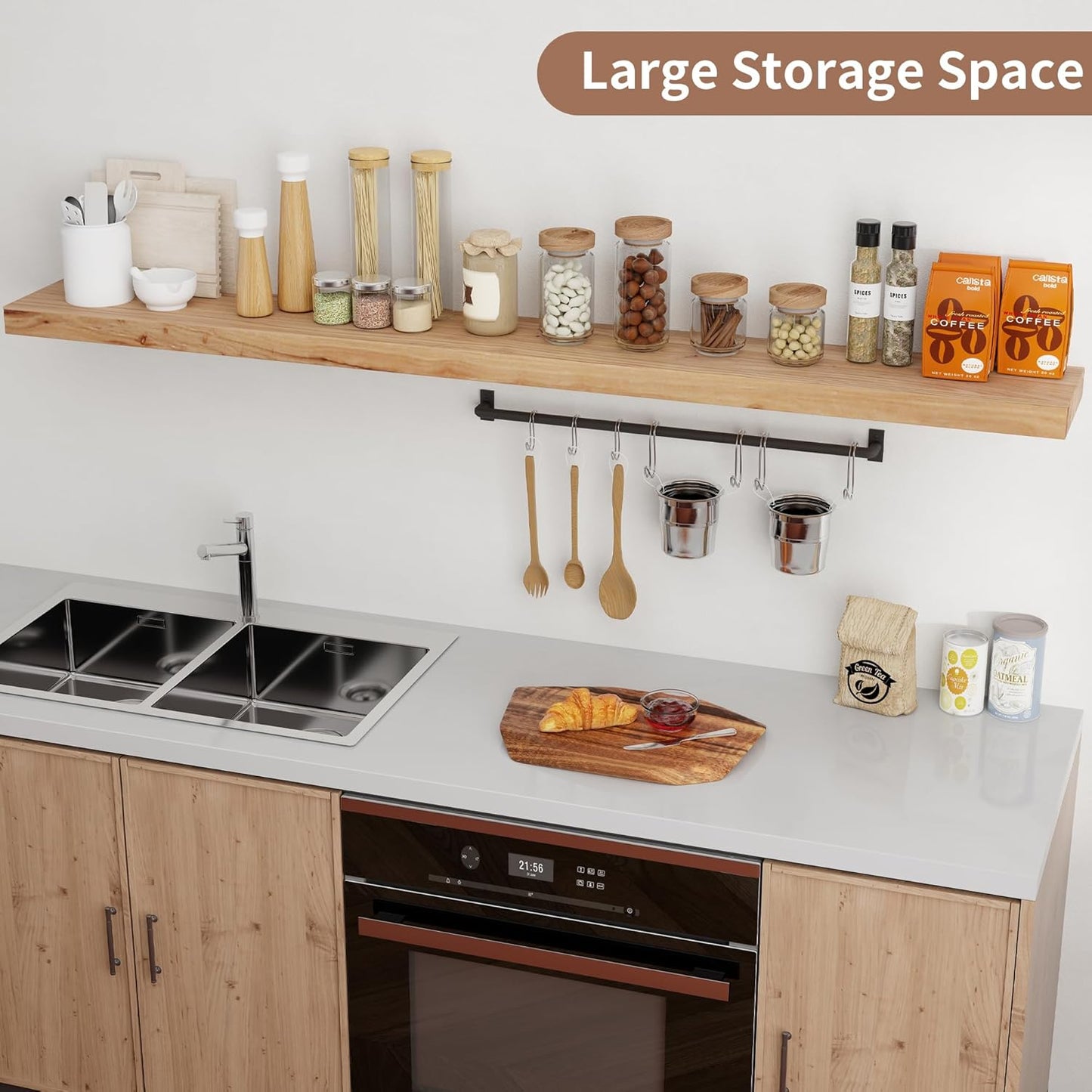 ShelfLoft 72"W x 8"D Rustic Solid Elm Wood Wall Shelves for Storage, Natural-1 Pack