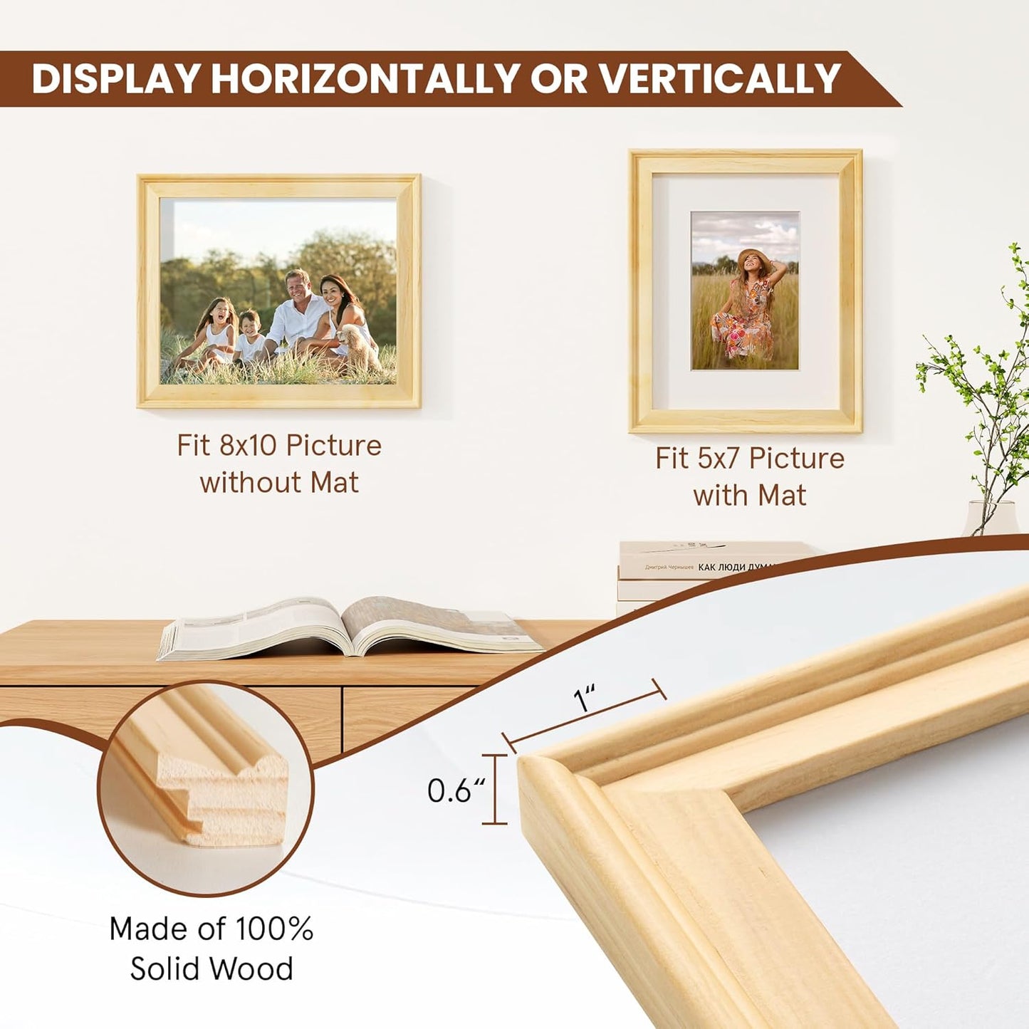 ShelfLoft Solid Pine Wood Picture Frame with Tempered Glass