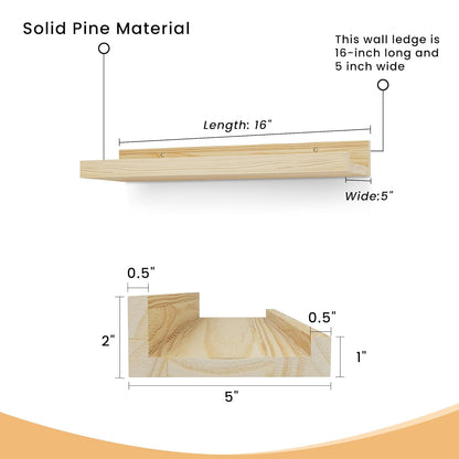 ShelfLoft 5"D x 2"H Natural Finished Solid Pine Wood Picture Ledge Shelf for Wall Decor,Set of 2