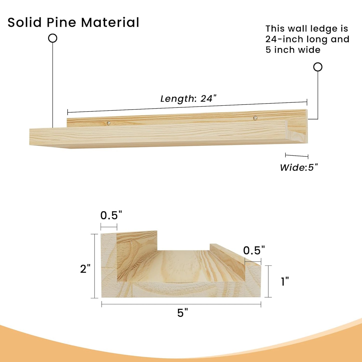 ShelfLoft 5"D x 2"H Natural Finished Solid Pine Wood Picture Ledge Shelf for Wall Decor,Set of 2