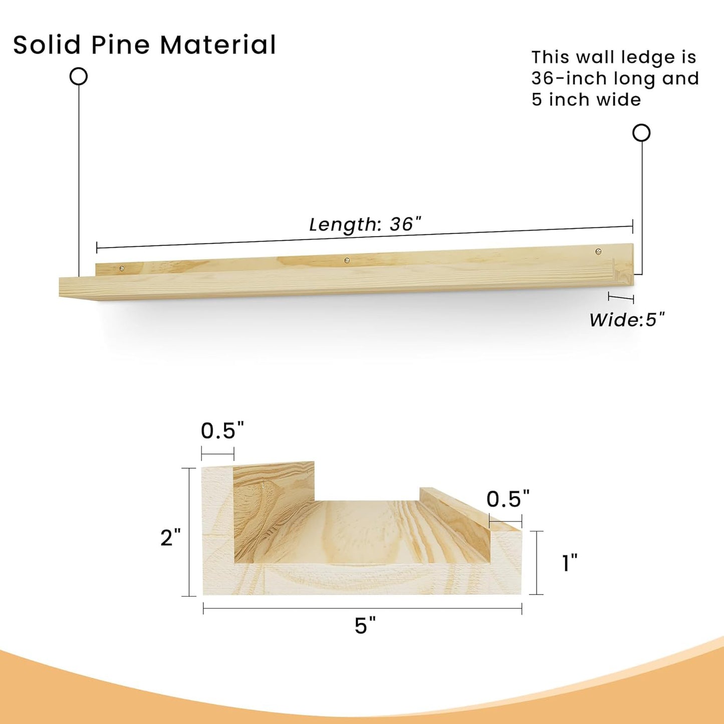 ShelfLoft 5"D x 2"H Natural Finished Solid Pine Wood Picture Ledge Shelf for Wall Decor,Set of 2