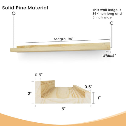 ShelfLoft 5"D x 2"H Natural Finished Solid Pine Wood Picture Ledge Shelf for Wall Decor,Set of 2