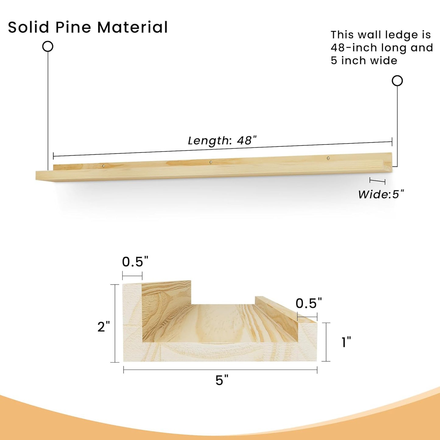 ShelfLoft 5"D x 2"H Natural Finished Solid Pine Wood Picture Ledge Shelf for Wall Decor,Set of 2