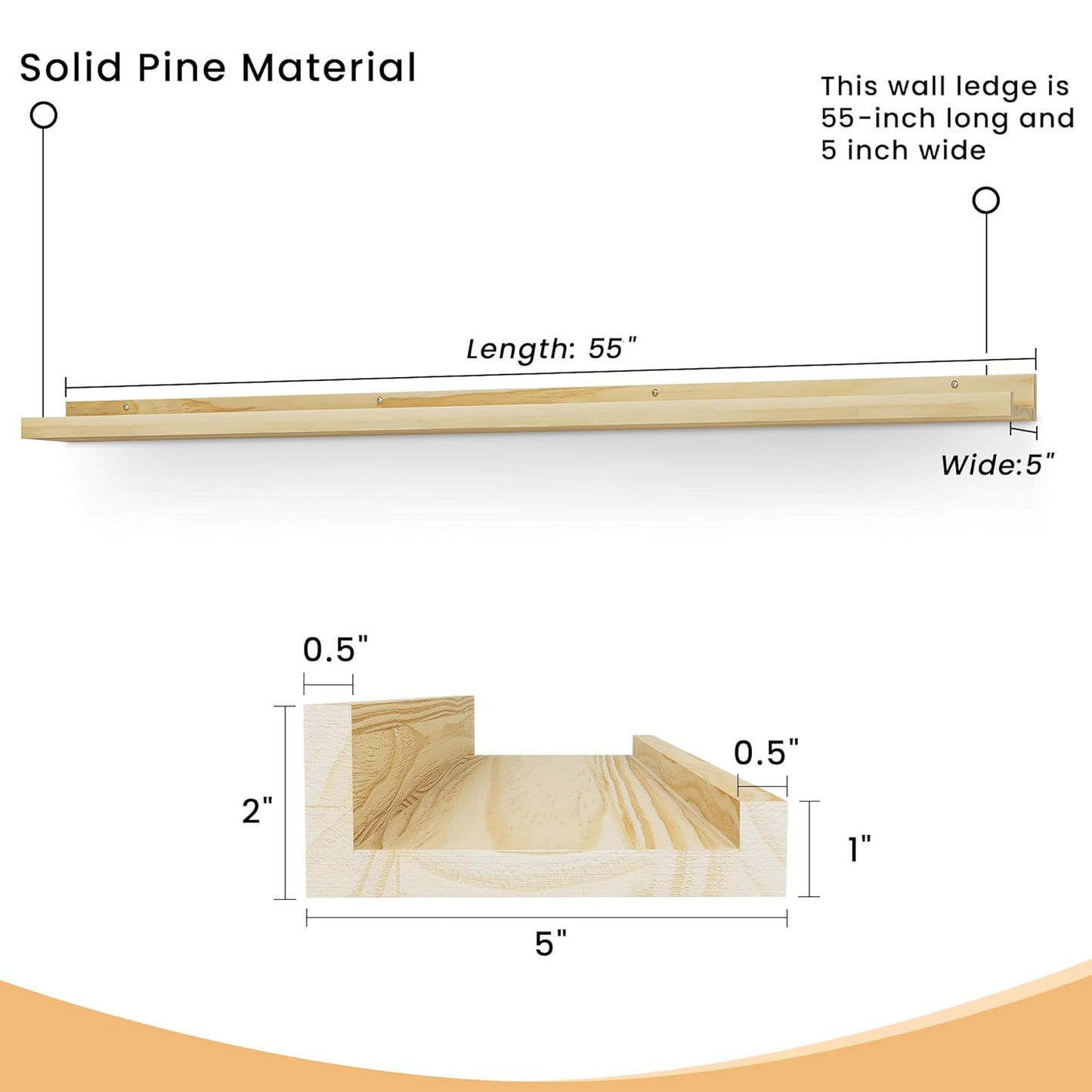 ShelfLoft 5"D x 2"H Natural Finished Solid Pine Wood Picture Ledge Shelf for Wall Decor,Set of 2