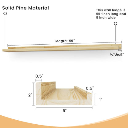 ShelfLoft 5"D x 2"H Natural Finished Solid Pine Wood Picture Ledge Shelf for Wall Decor,Set of 2