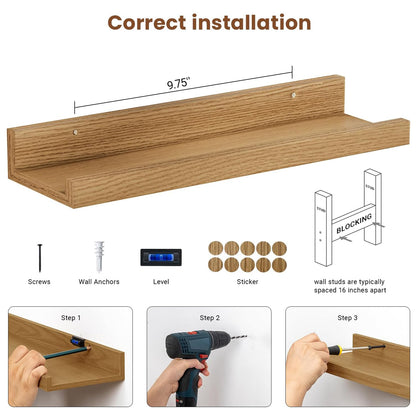 ShelfLoft 5.7"D x 2"H Natural Oak Picture Ledge Shelf Floating Shelves,3 Pack