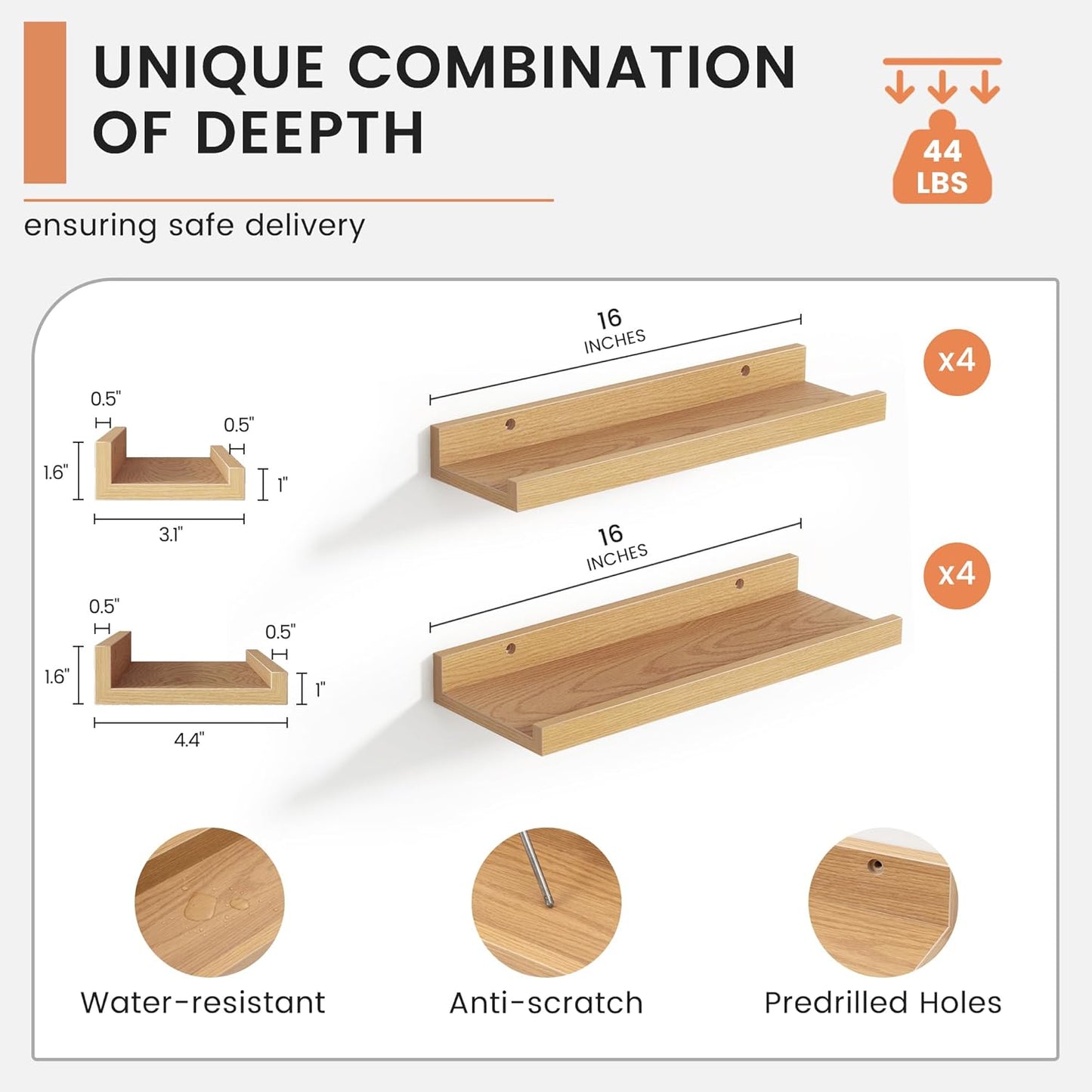 ShelfLoft 4.7"D x 2"H Natural Oak Picture Ledge Floating Shelves