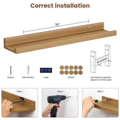 ShelfLoft 5.7"D x 2"H Natural Oak Picture Ledge Shelf Floating Shelves,3 Pack