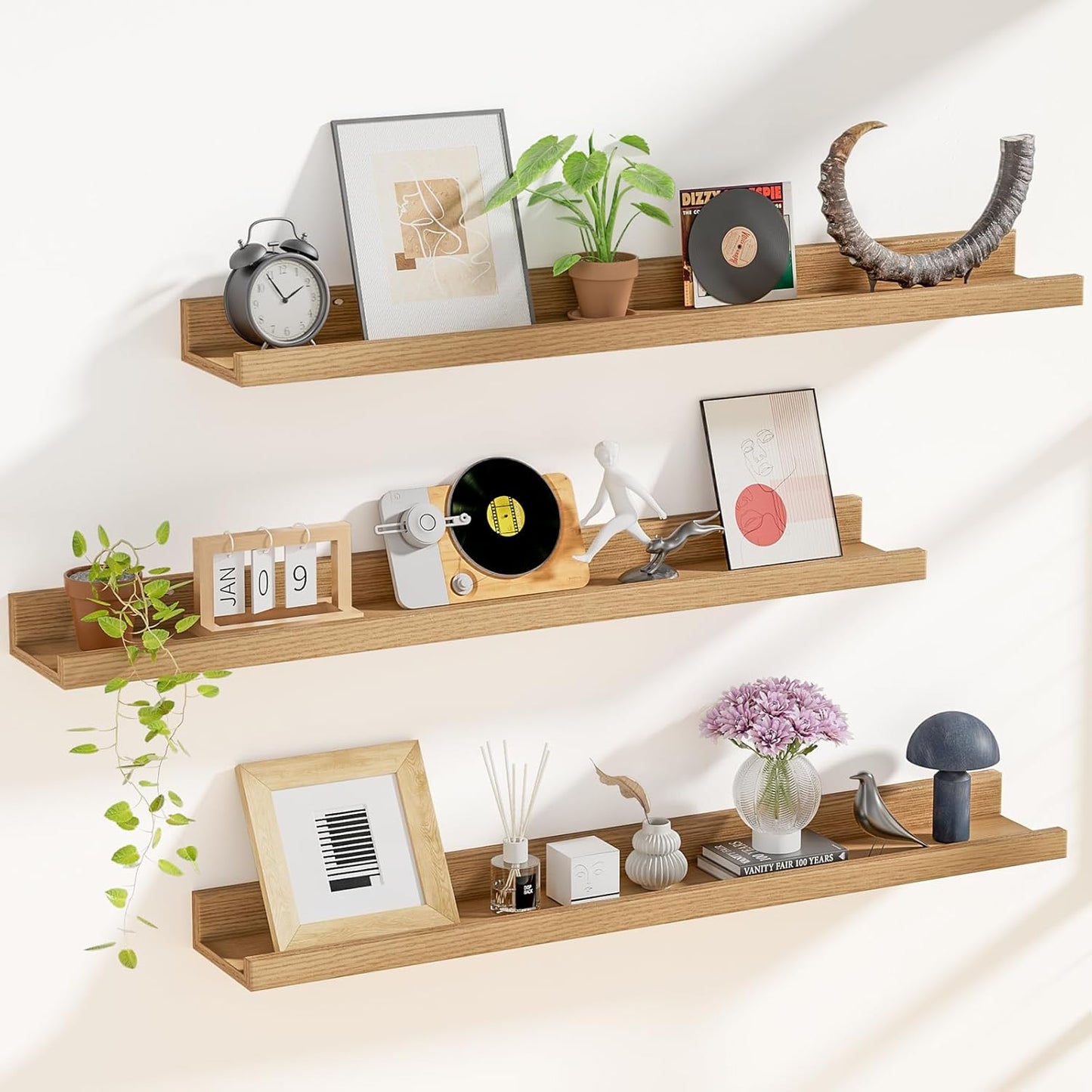 ShelfLoft 5.7"D x 2"H Natural Oak Picture Ledge Shelf Floating Shelves,3 Pack