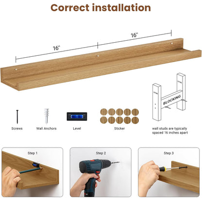 ShelfLoft 5.7"D x 2"H Natural Oak Picture Ledge Shelf Floating Shelves,3 Pack